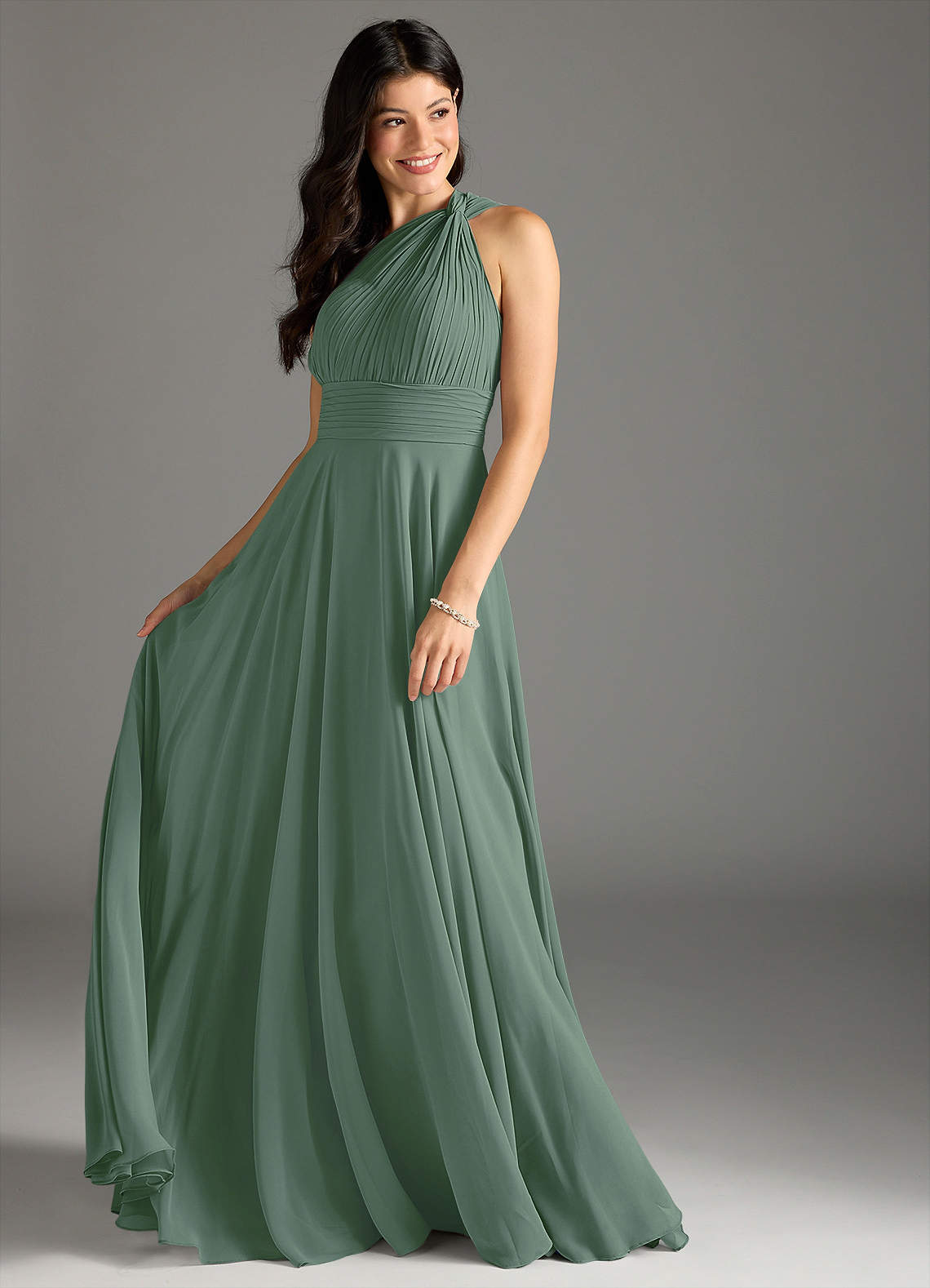 Azazie Charlize Bridesmaid Dresses Eucalyptus A-Line One Shoulder Chiffon Dress image2