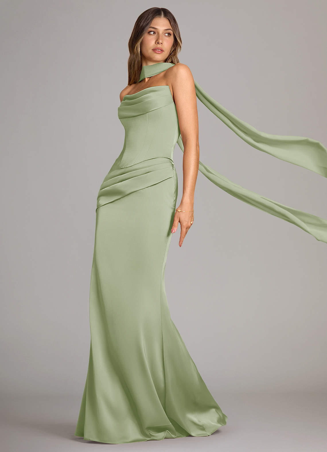Azazie Sorrel Bridesmaid Dresses Dusty Sage Mermaid Strapless Stretch Satin Convertible Dress image3