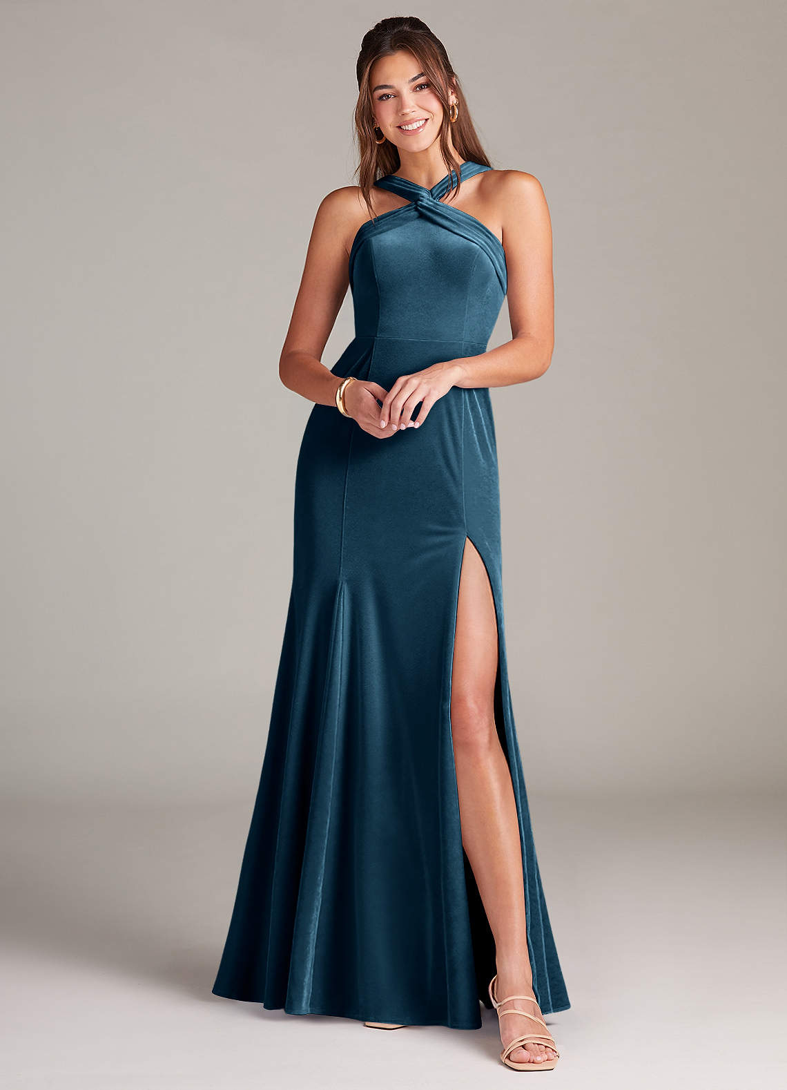 Azazie Rue Bridesmaid Dresses Blue Topaz A-Line Pleated Velvet Dress image1