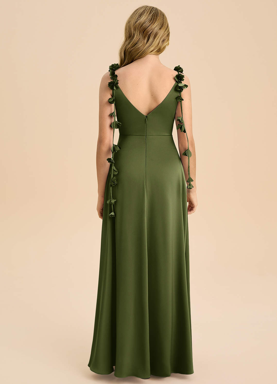 Azazie Gumdrop Junior Olive Empire Pleated Stretch Satin Dress image6