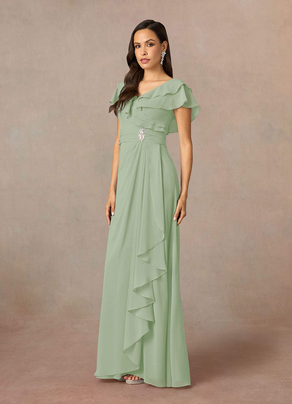 Square Neckline Ruched Chiffon Floor-length Dress Flamingo