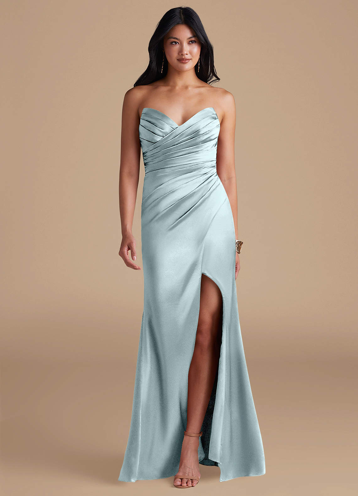 Azazie Yola Bridesmaid Dresses Mist Sheath Pleated Metallic Satin Dress image1
