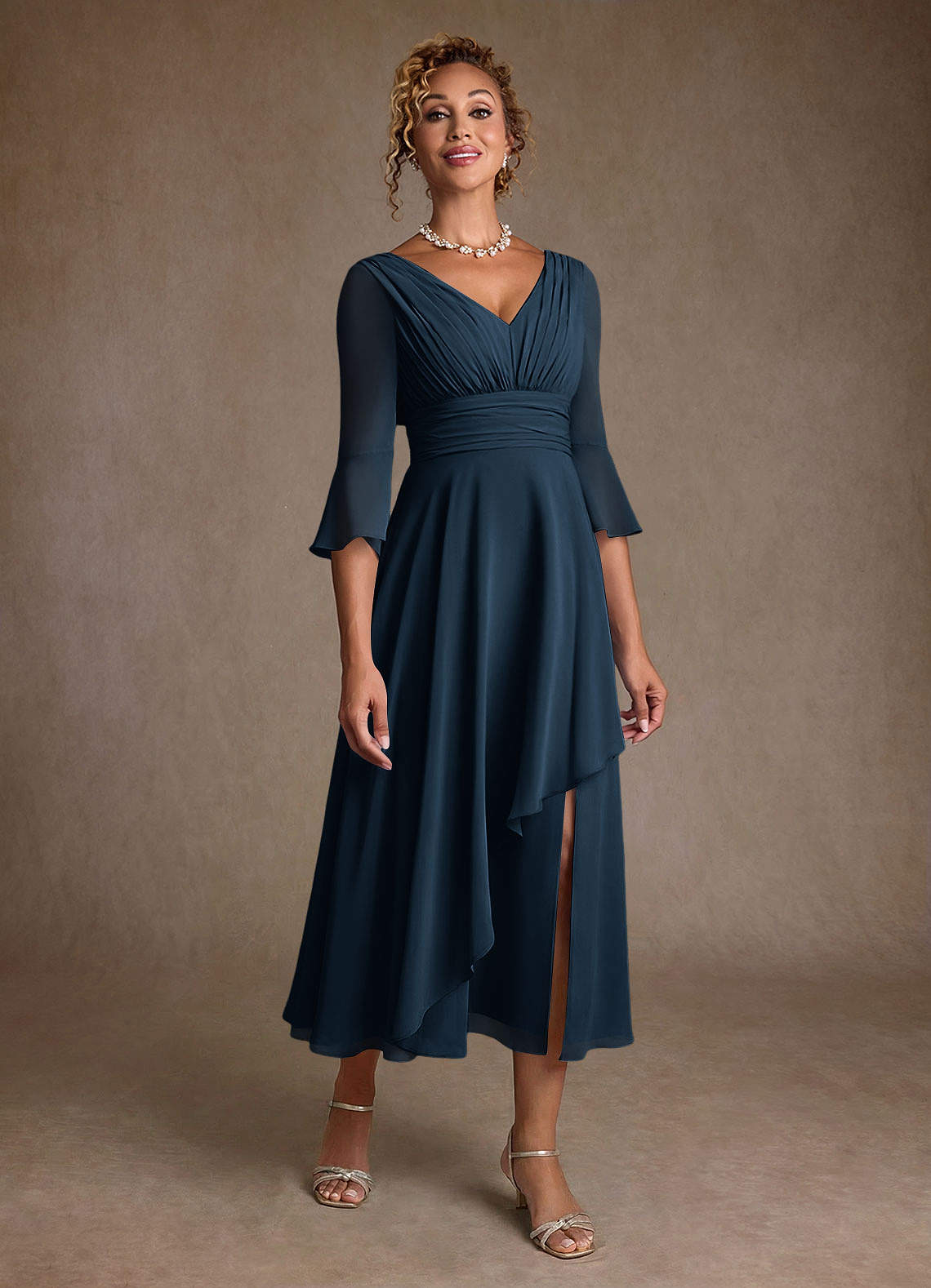 Azazie Aerynne Dark Navy A-Line Pleated Chiffon Dress | Azazie