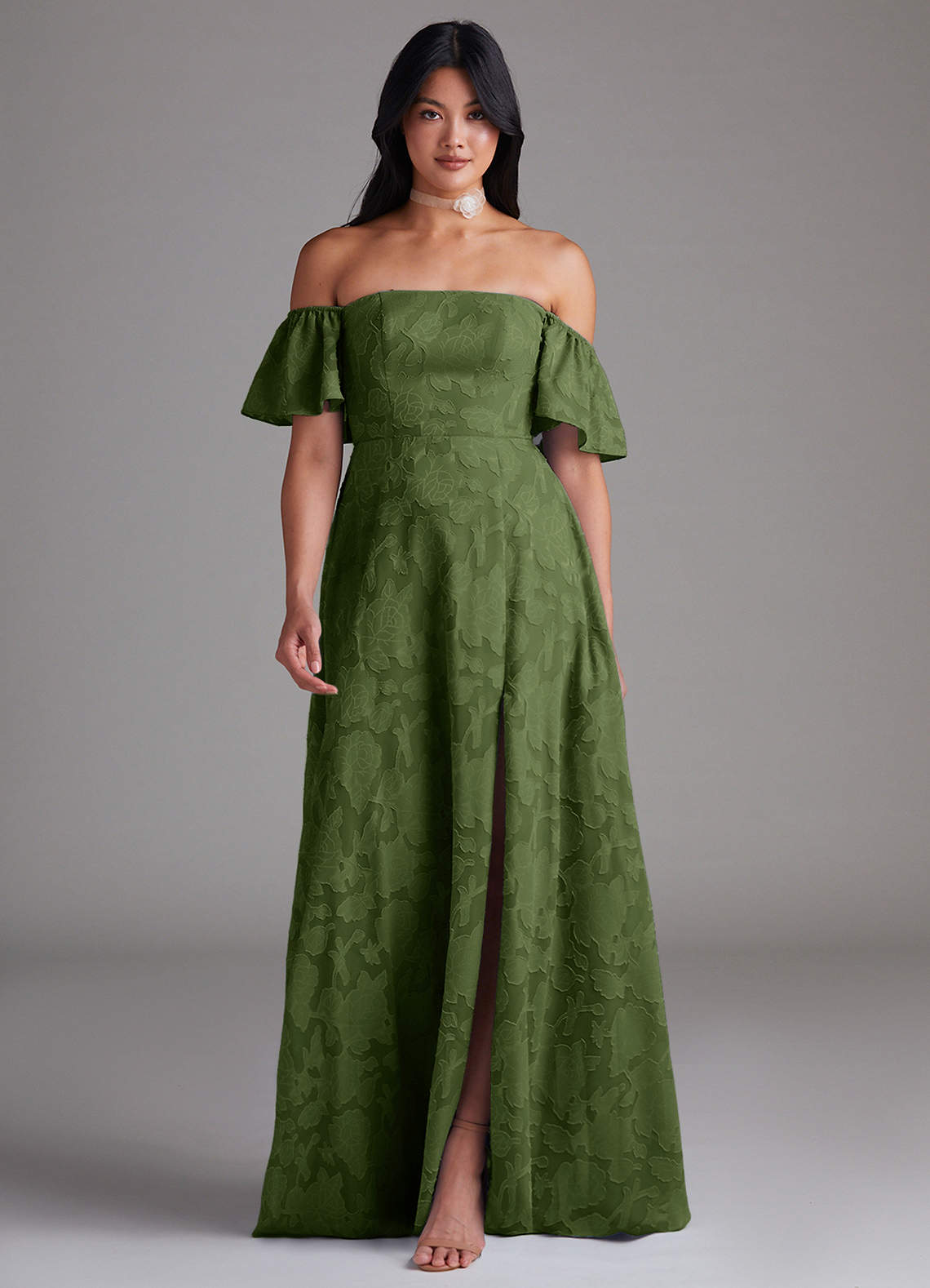 Azazie Sue Bridesmaid Dresses Olive A-Line Off the Shoulder Floral Burnout Convertible Dress image1