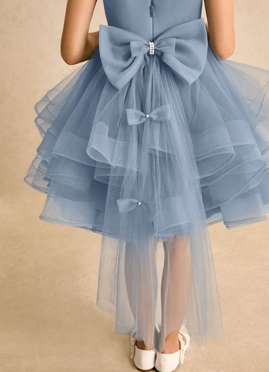 Azazie Tinie Flower Girl Dresses Dusty Blue Ball-Gown Bow Tulle Dress image6