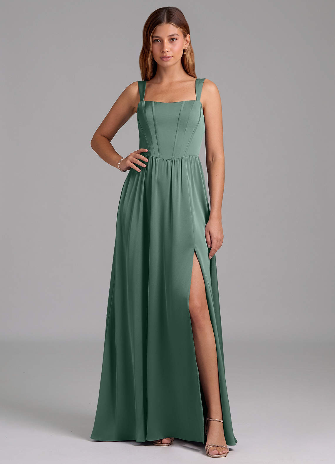 Azazie Rosaline Bridesmaid Dresses Eucalyptus A-Line Side Slit Stretch Satin Dress image1