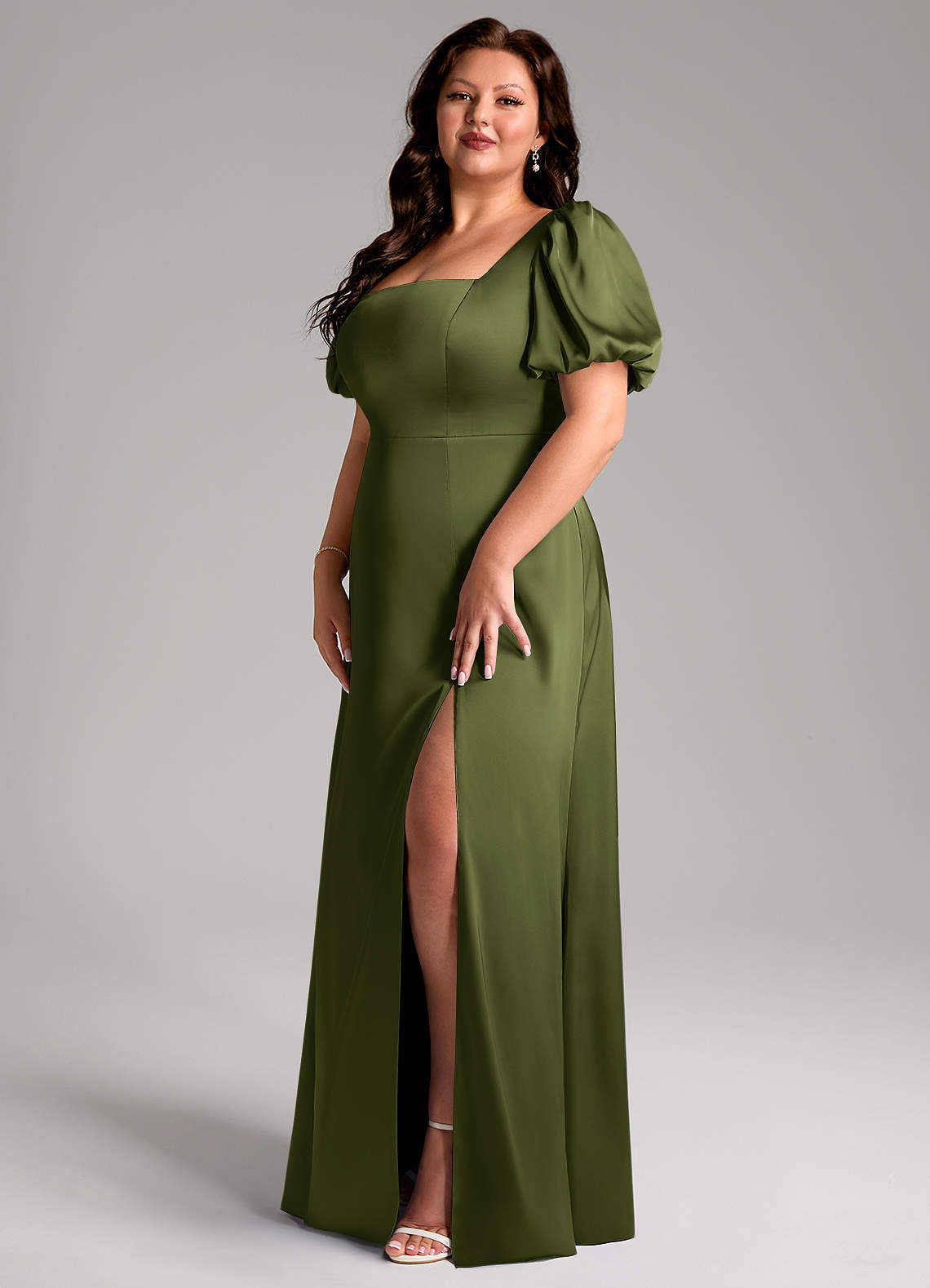 Azazie A-Line Square Neck Floor-Length Stretch Satin Bridesmaid Dresses - Olive