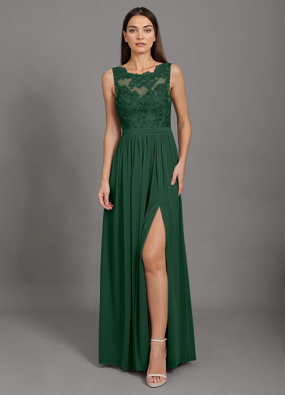 Azazie Elly Bridesmaid Dresses Dark Green A-Line Lace Mesh Dress image1