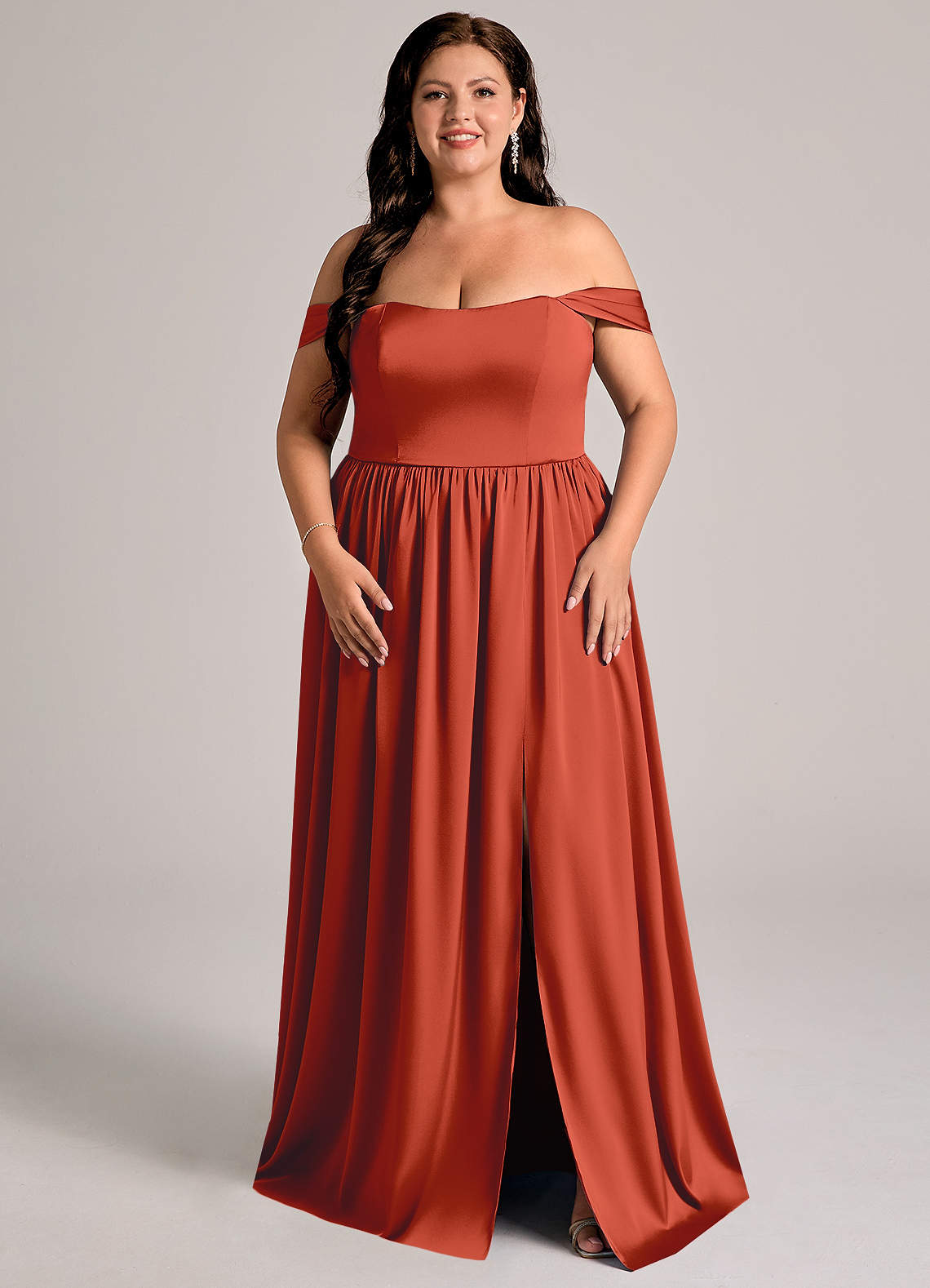 Azazie Calianna Bridesmaid Dresses Rust A-Line Off the Shoulder Stretch Satin Convertible Dress image1