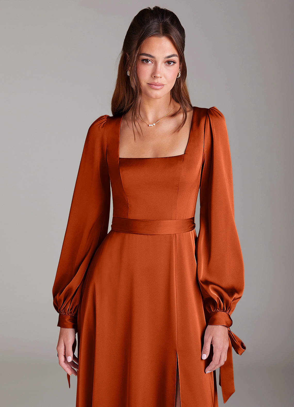 Azazie Leonia Bridesmaid Dresses Paprika A-Line Long Sleeve Stretch Satin Dress image5