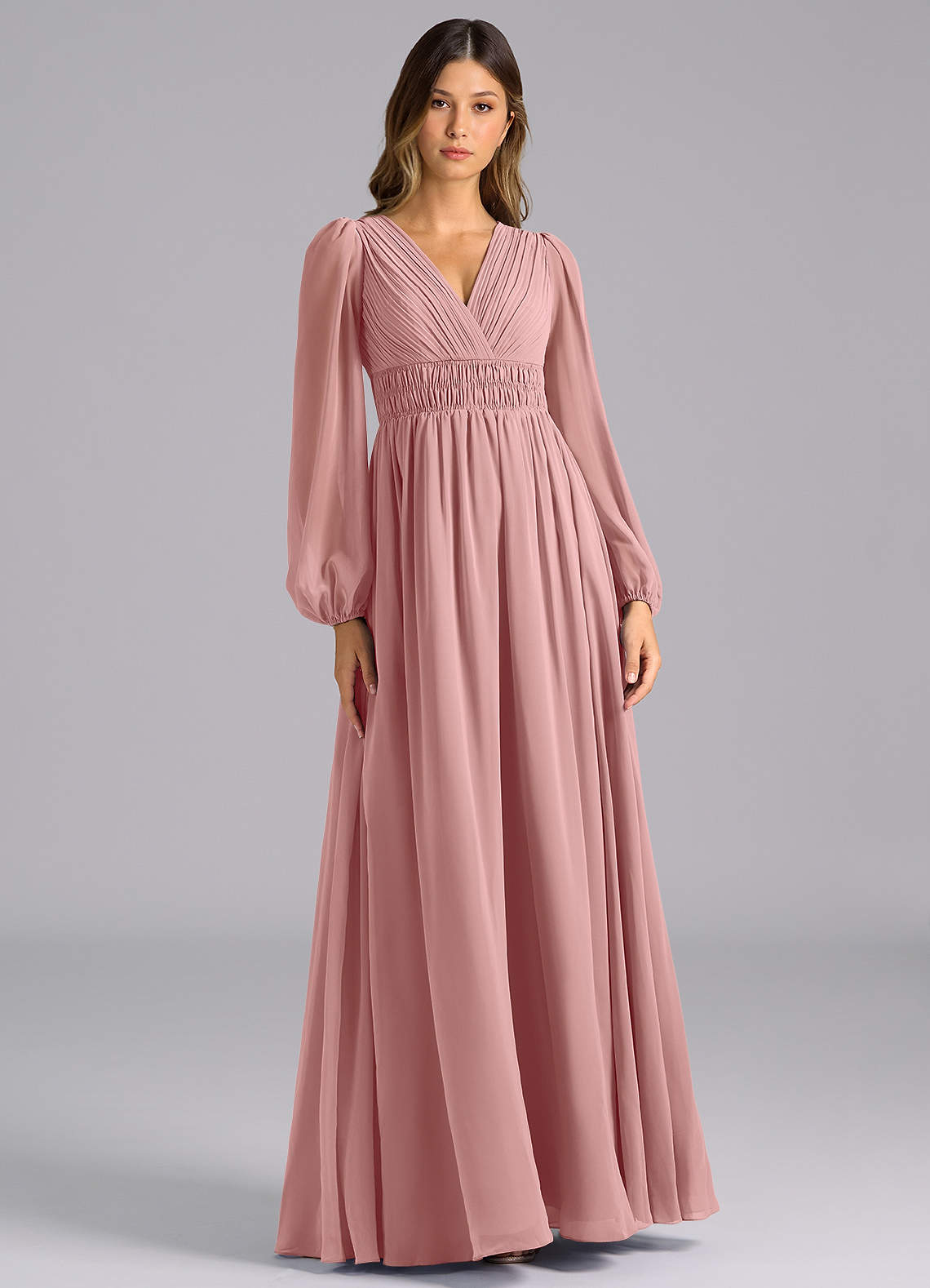 Azazie A-Line V-Neck Long Sleeve Floor-Length Chiffon Bridesmaid Dresses - Dusty Rose