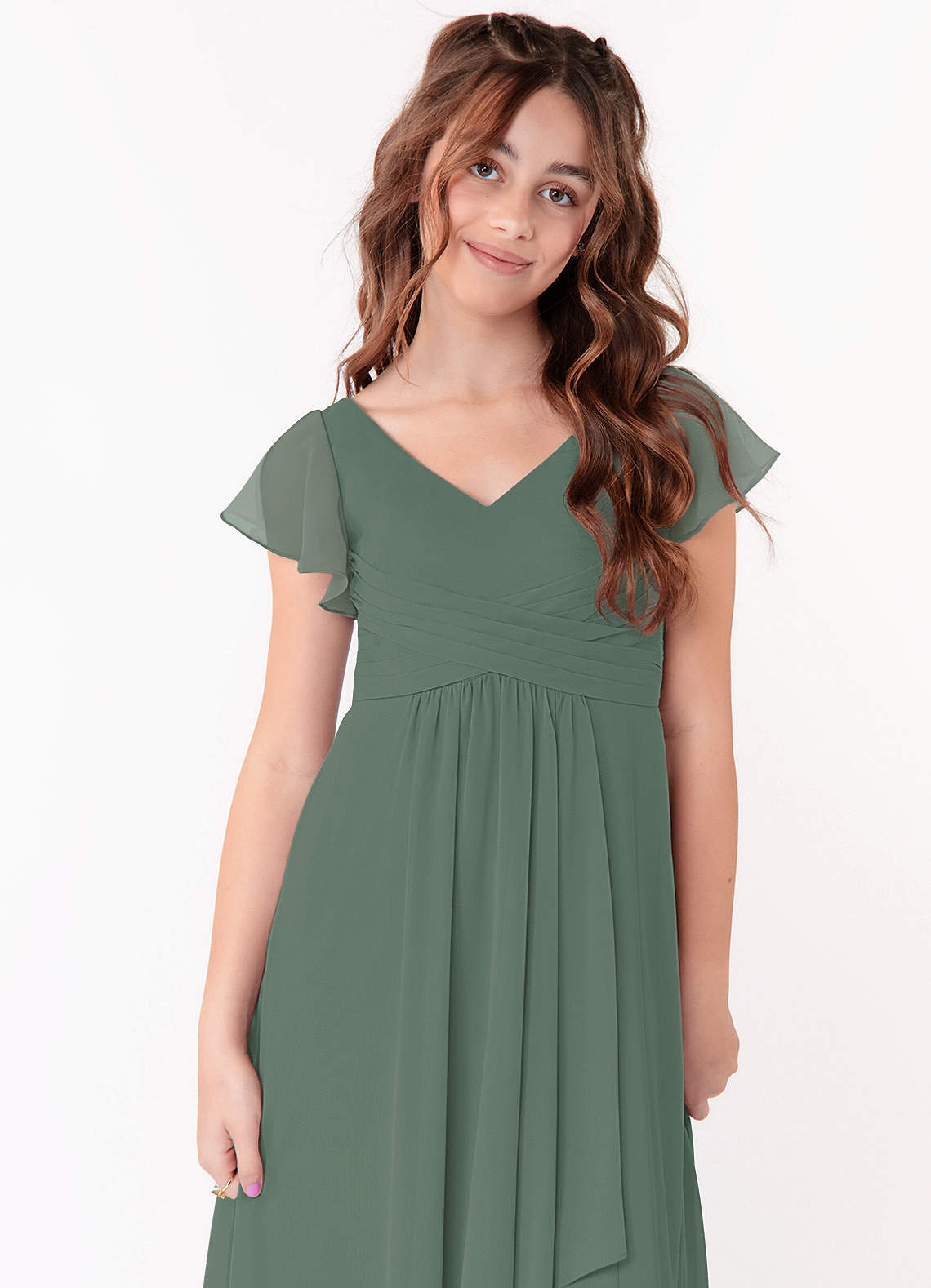 Azazie Omari Junior Eucalyptus A-Line Ruched Chiffon Dress image3