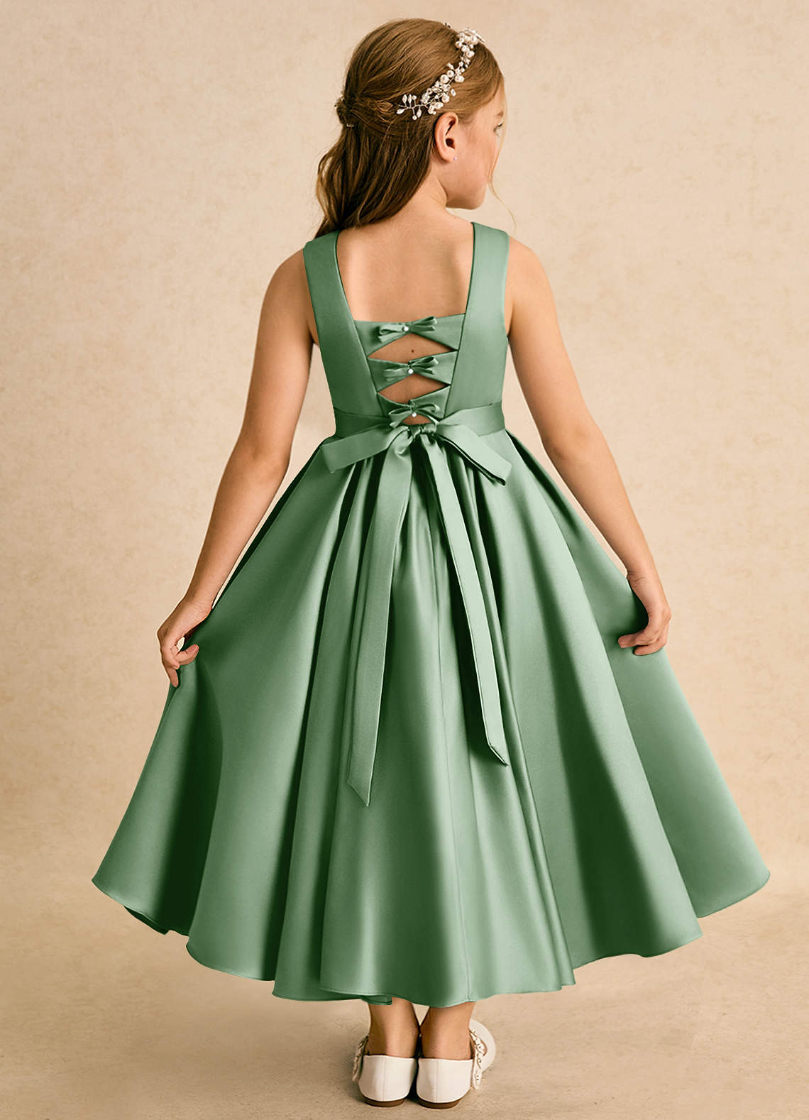 Azazie Junebuj vestidos de niña de las flores Vestido de Matcha de Satin Mate de Princesa con Plisado image1
