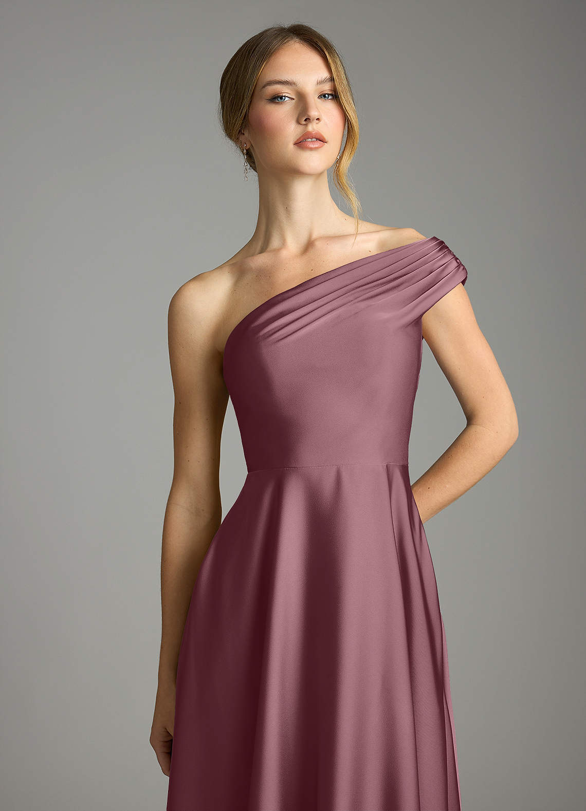Azazie Melanie At-home Try On Dresses Amethyst A-Line Off the Shoulder Stretch Satin Dress image5