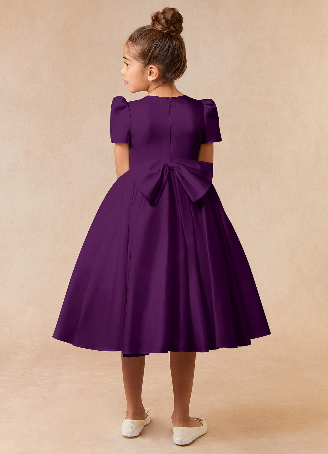 Azazie Ball Gown Scoop Neck Tea Length Matte Satin Flower Girl Dresses Grape