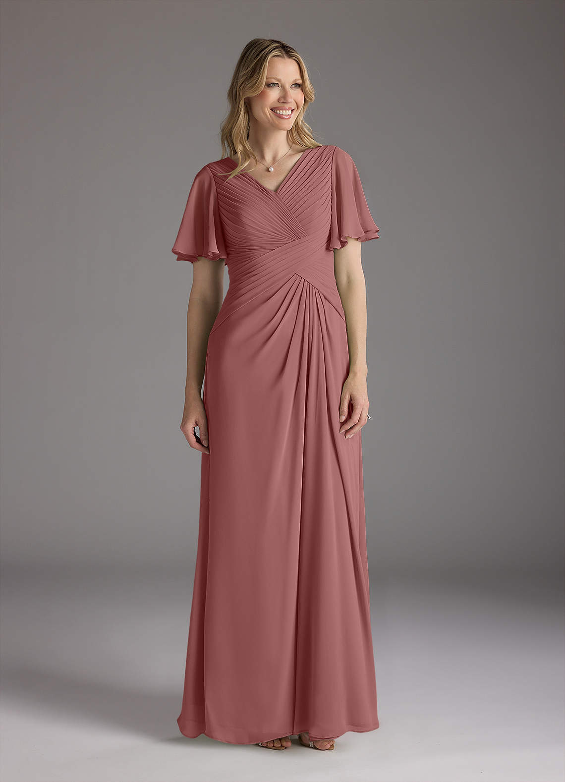 Azazie Morning Glory Mother of the Bride Dresses Desert Rose A-Line V-Neck Ruched Chiffon Dress image1