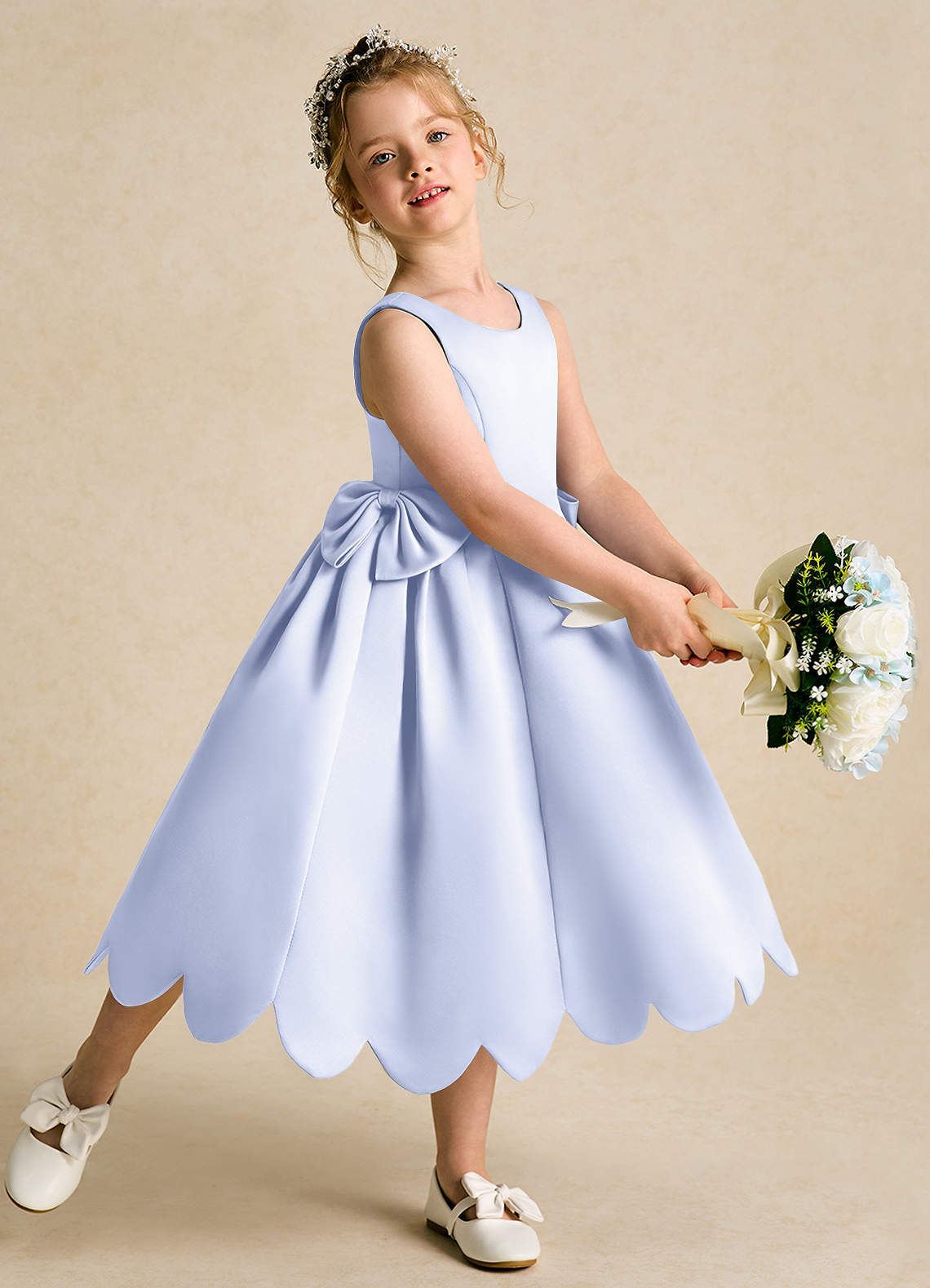 Azazie Macaroon Flower Girl Dresses Lavender Ball-Gown Bow Matte Satin Dress image1