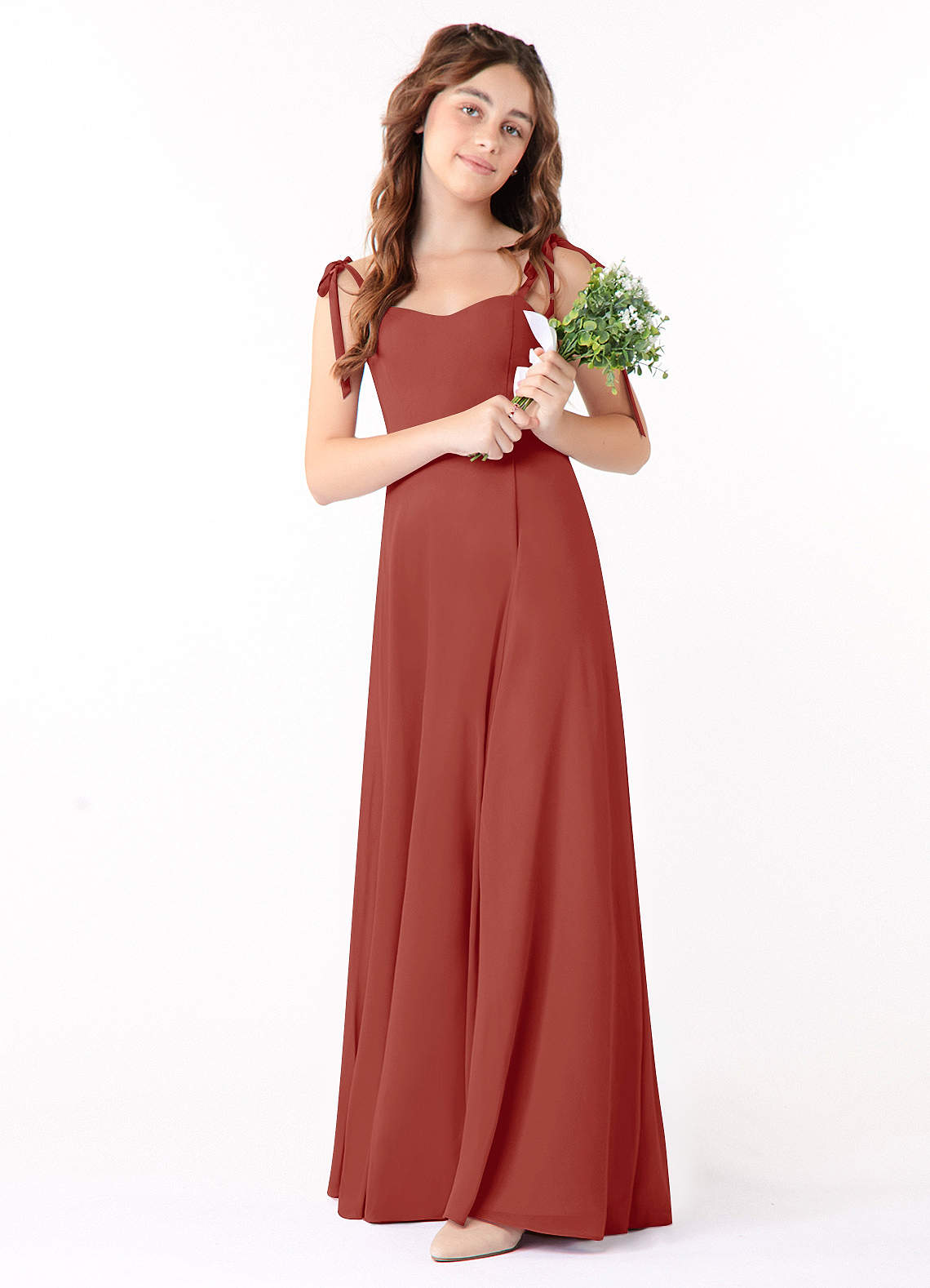 Azazie Rosey Junior Vestido de Terracota de Gasa de Corte En A con Escote de Corazón image1