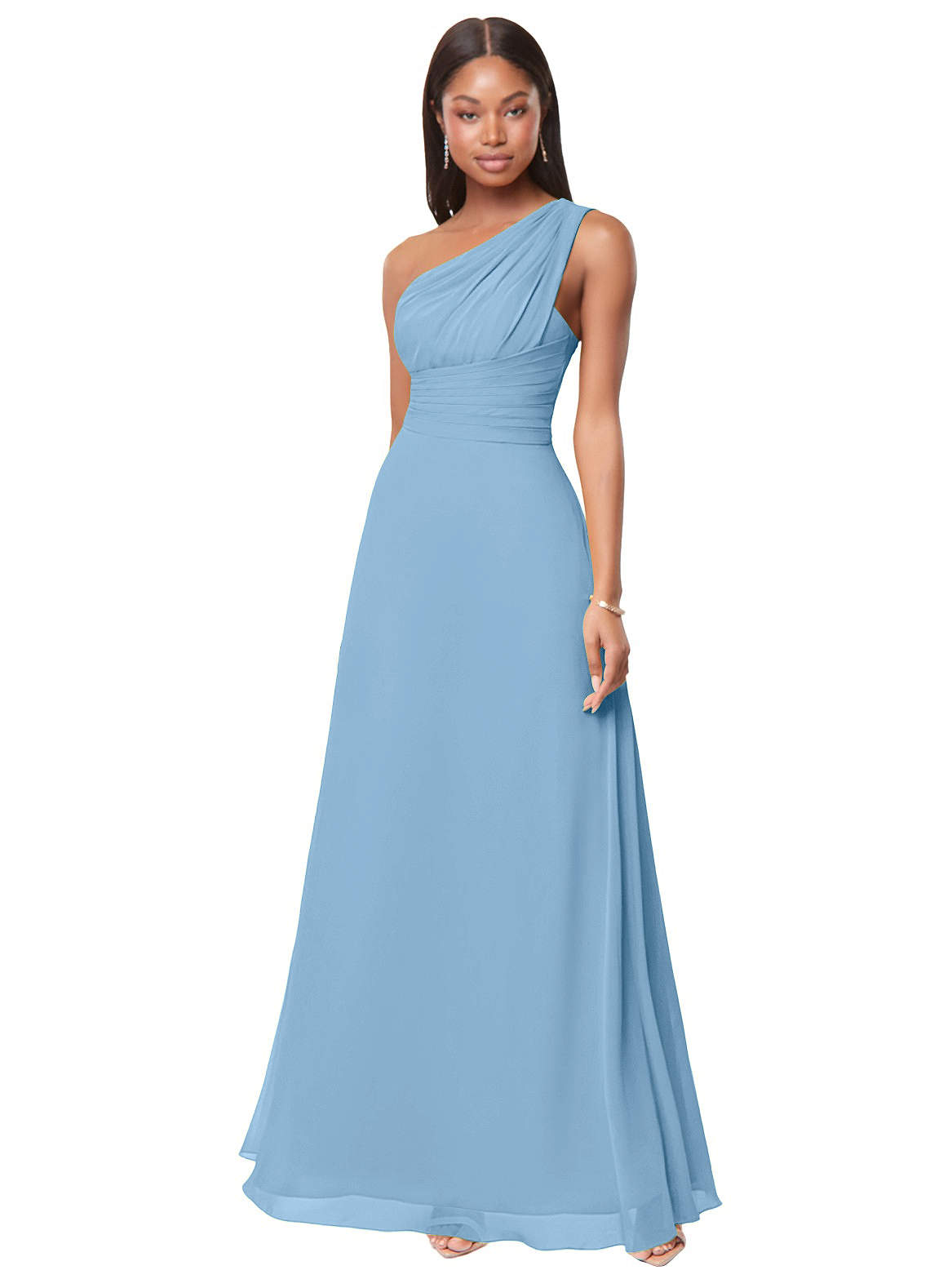 Azazie Ashley Abiti da Damigella Abito A-Line in Chiffon Increspato Blu Acciaio image1