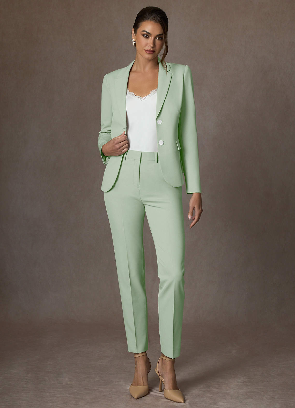 front Whitney Dusty Sage Structured Stretch Full Length Dress Pants