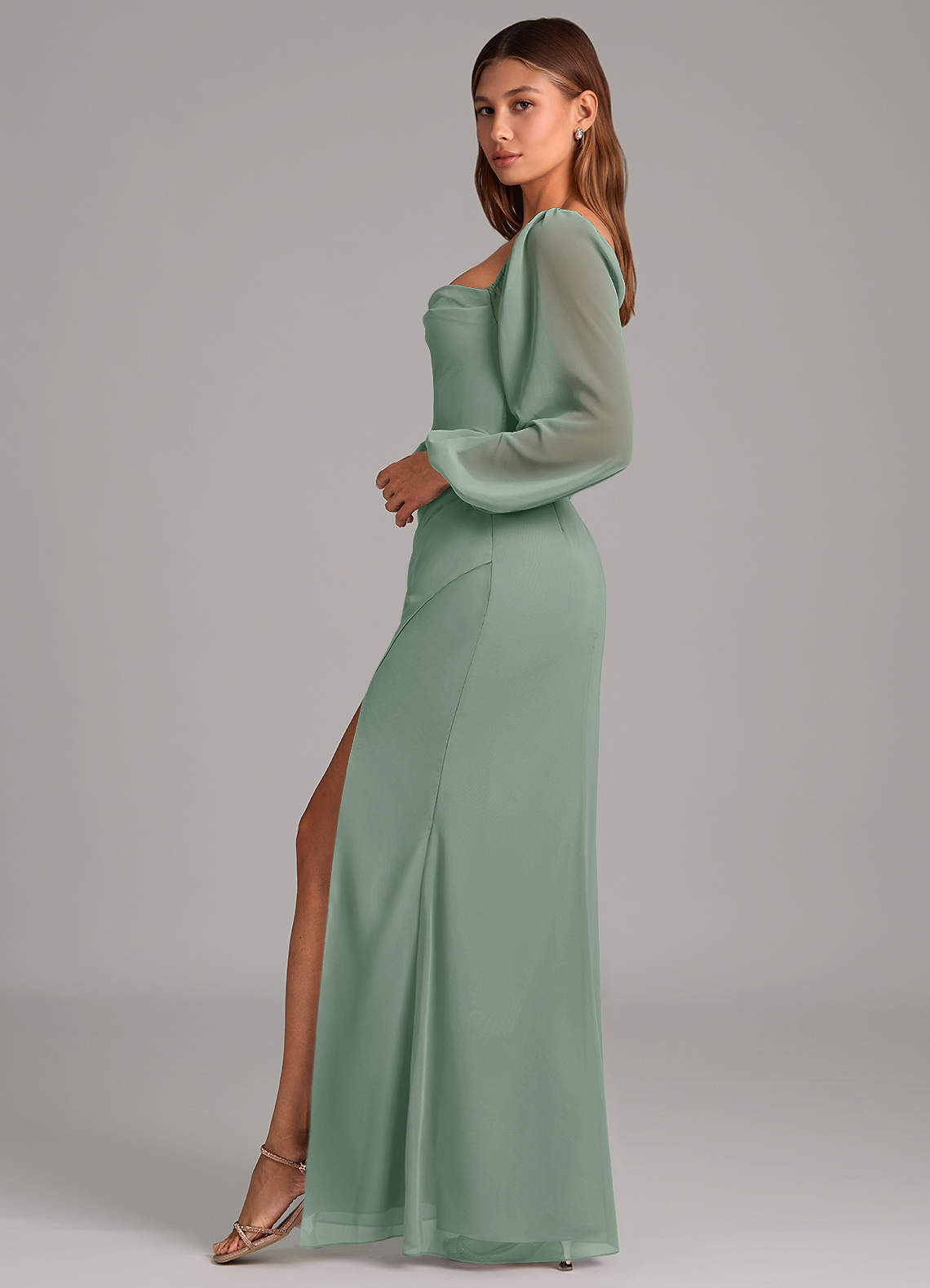 sage formal dress with sleeves Modest Muslim Sage Green Evening Dress with Cape Long Sleeves LA72413A Sage Green / 16 main image 0