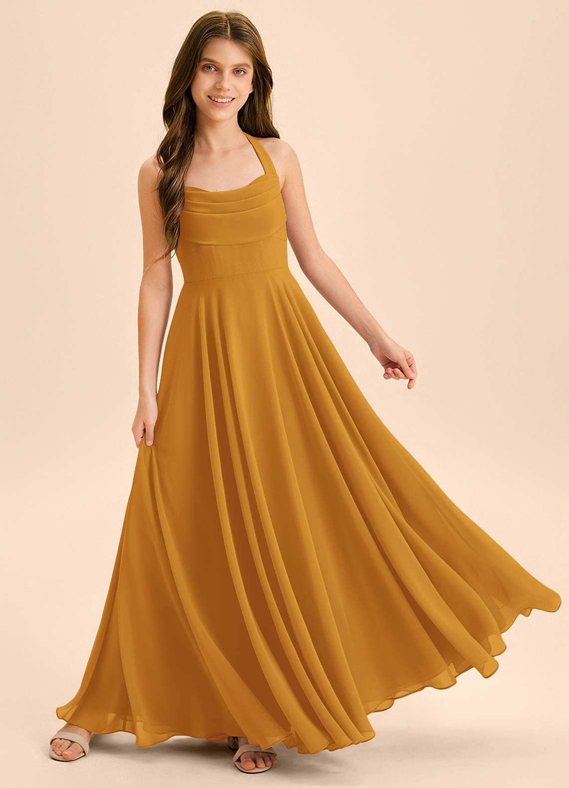 Azazie Kady Junior Vestido Caramelo de Chiffon de Linha A com Decote em coração image3