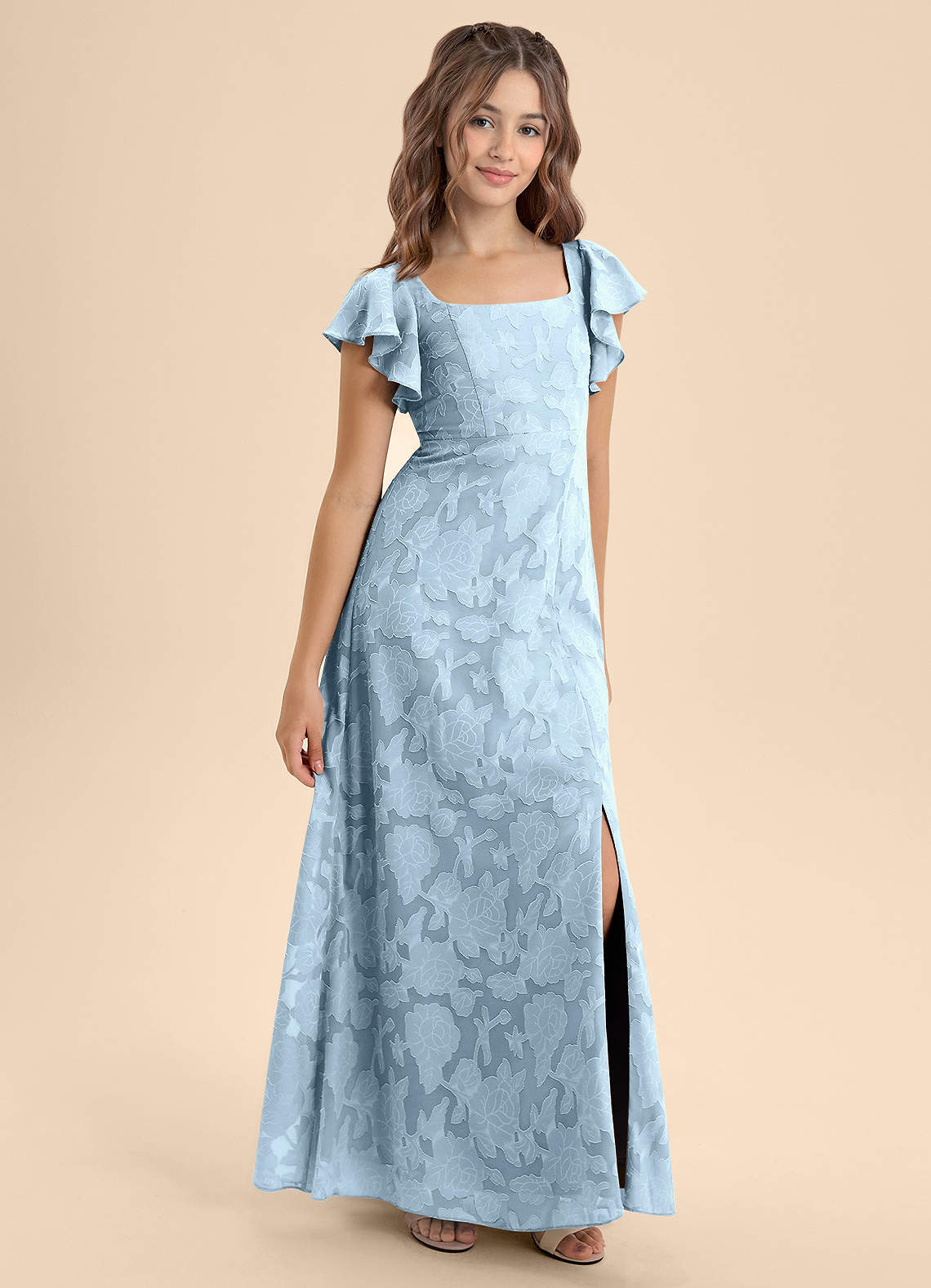 blue floral junior bridesmaid dress Azazie Bondi Junior