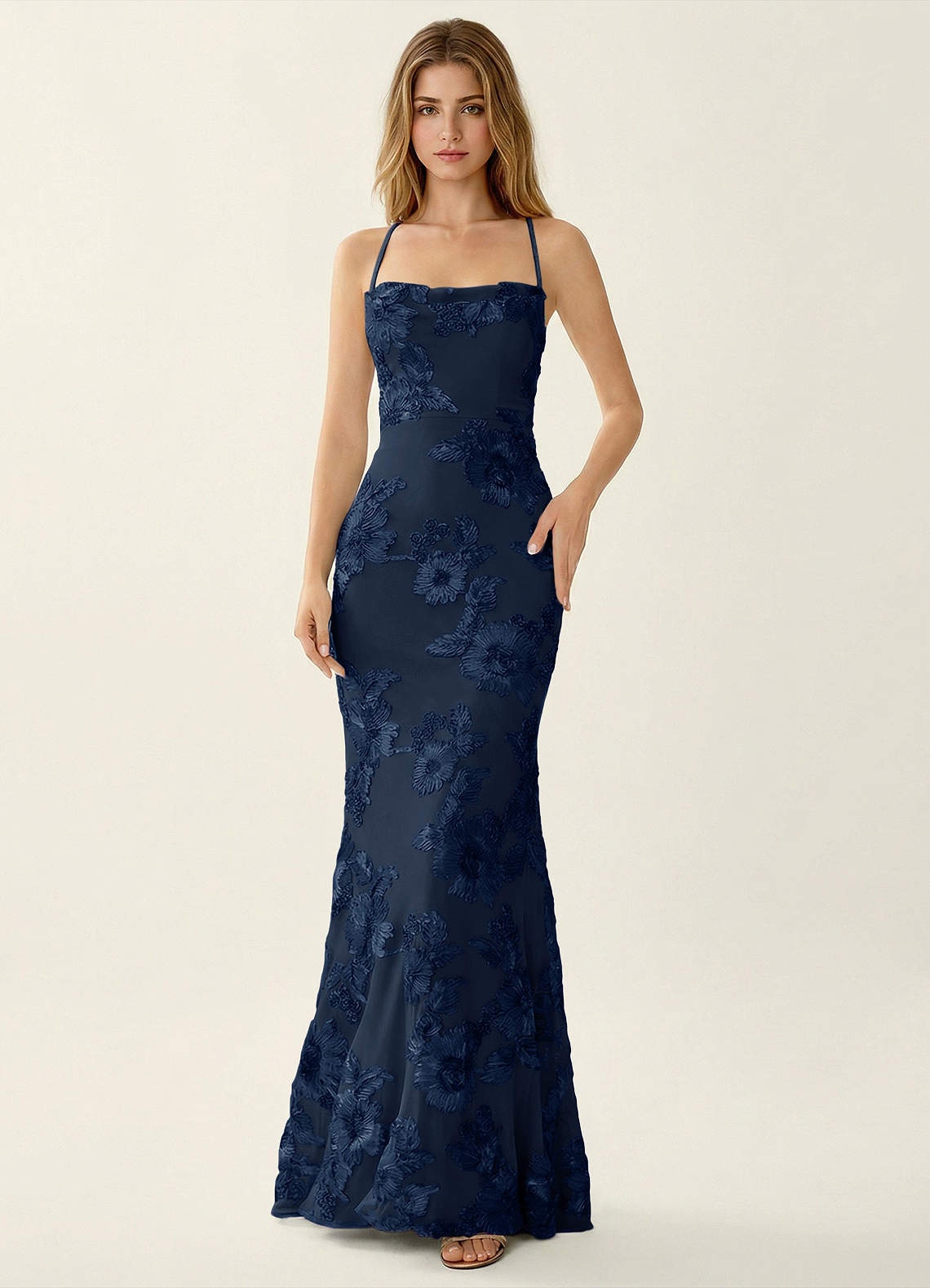 navy lace mermaid dress La Femme Long Lace Mermaid Prom Dress