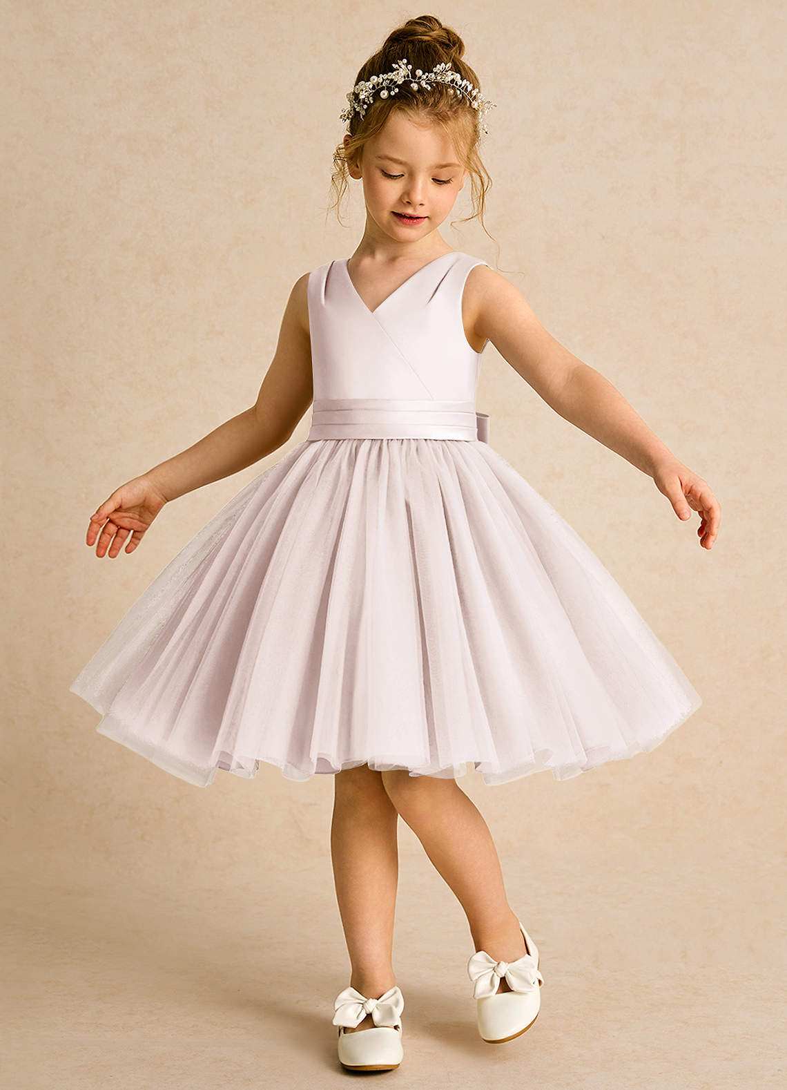 Azazie Tadpole Flower Girl Dresses Rose Petal A-Line Pleated Matte Satin Dress image1