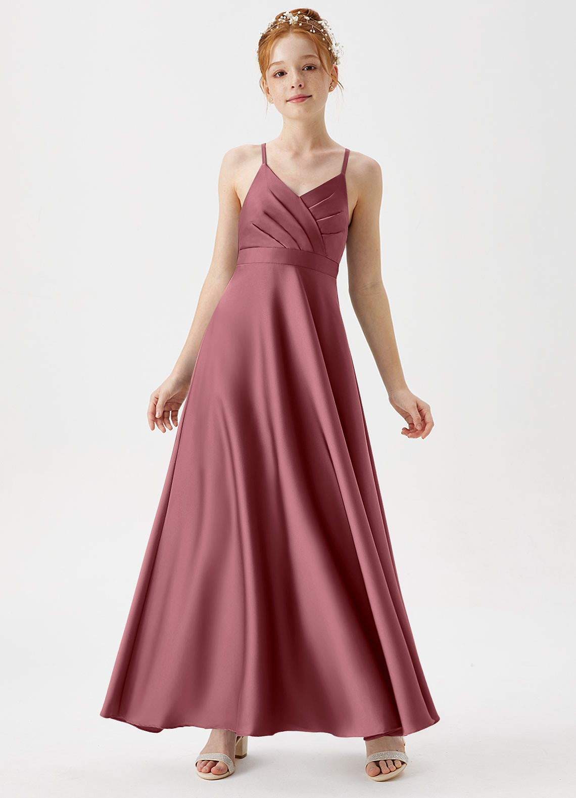 Azazie Avelina Junior Desert Rose A-Line Pleated Stretch Satin Dress image1