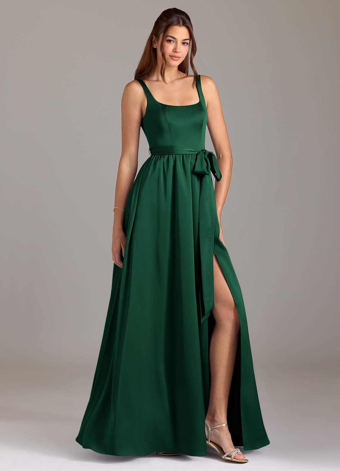 Azazie Elliott Bridesmaid Dresses Dark Green A-Line with Pockets Stretch Satin Dress image1