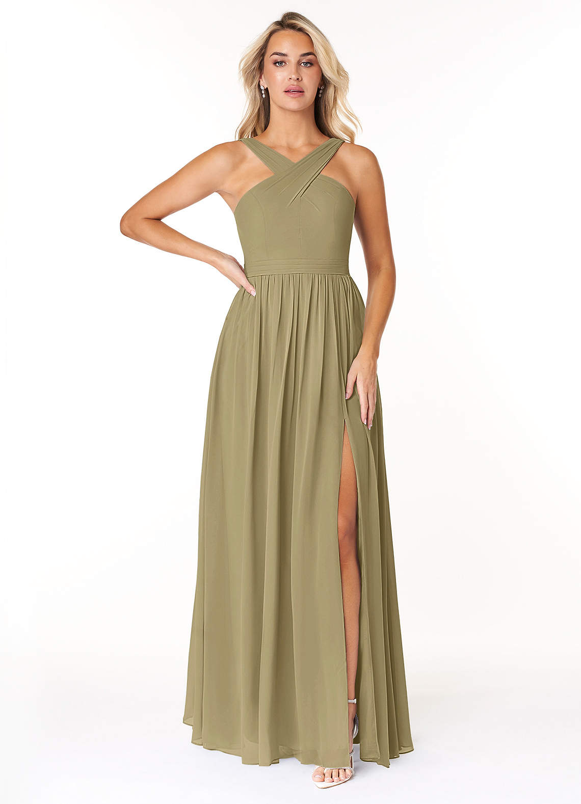 Azazie Elvira Bridesmaid Dresses Moss Green A-Line Pleated Chiffon Dress image1
