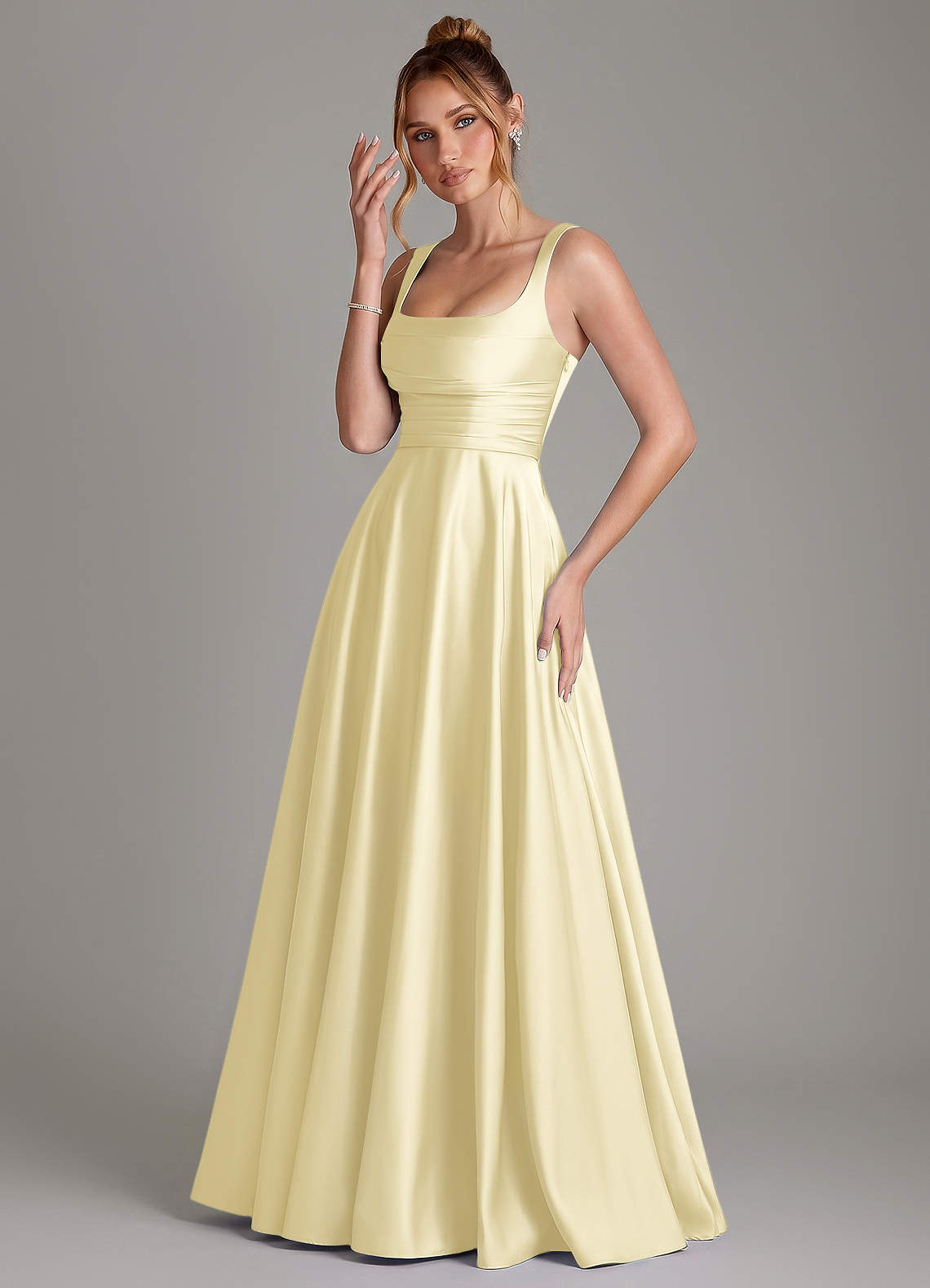 Azazie Azaria Bridesmaid Dresses Lemon Sorbet A-Line Corset Stretch Satin Dress image2