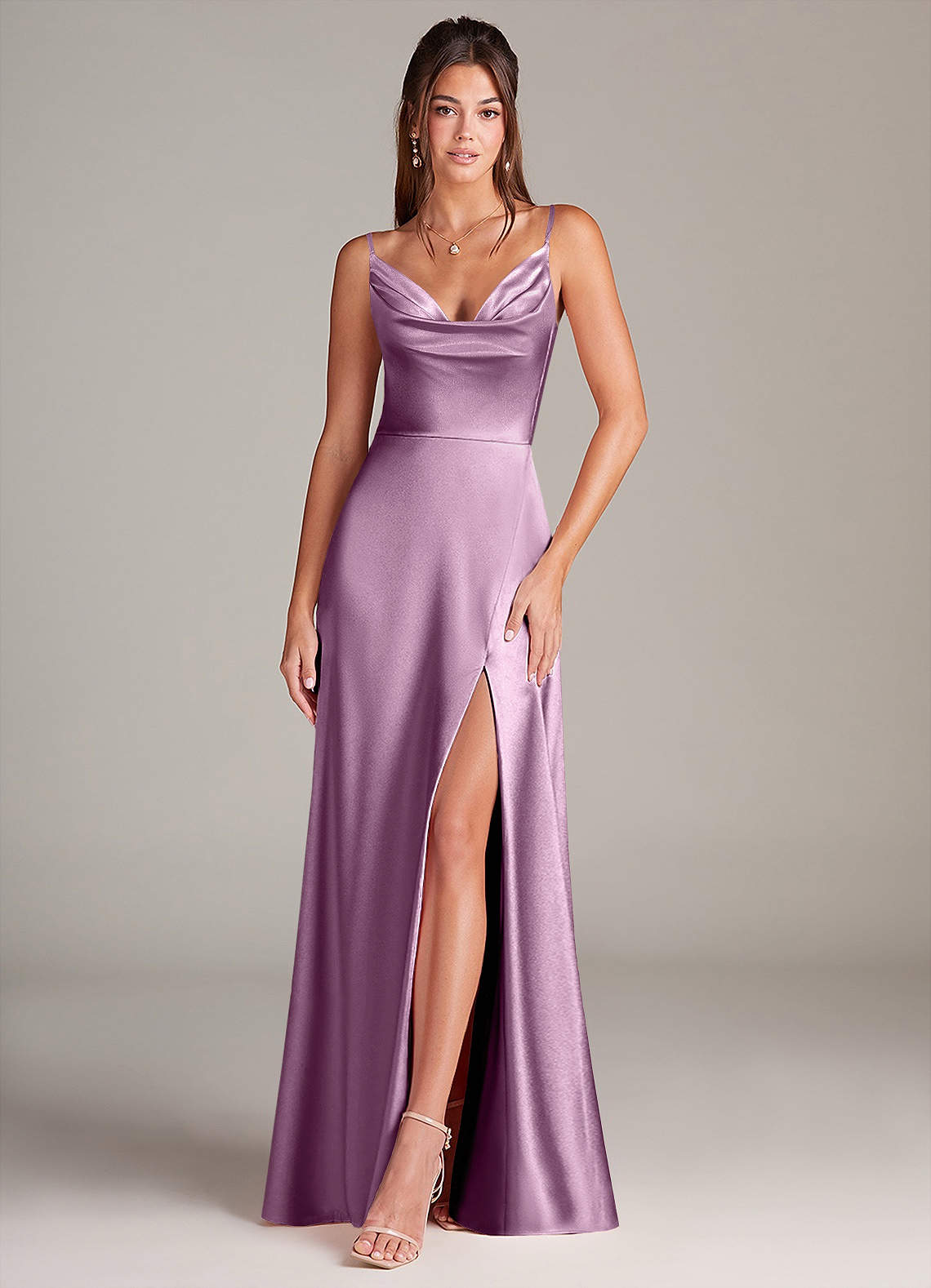 Azazie Sarella Brautjungfernkleider A-Linie mit Taschen Metallischer Satin Kleid Blauregen image1