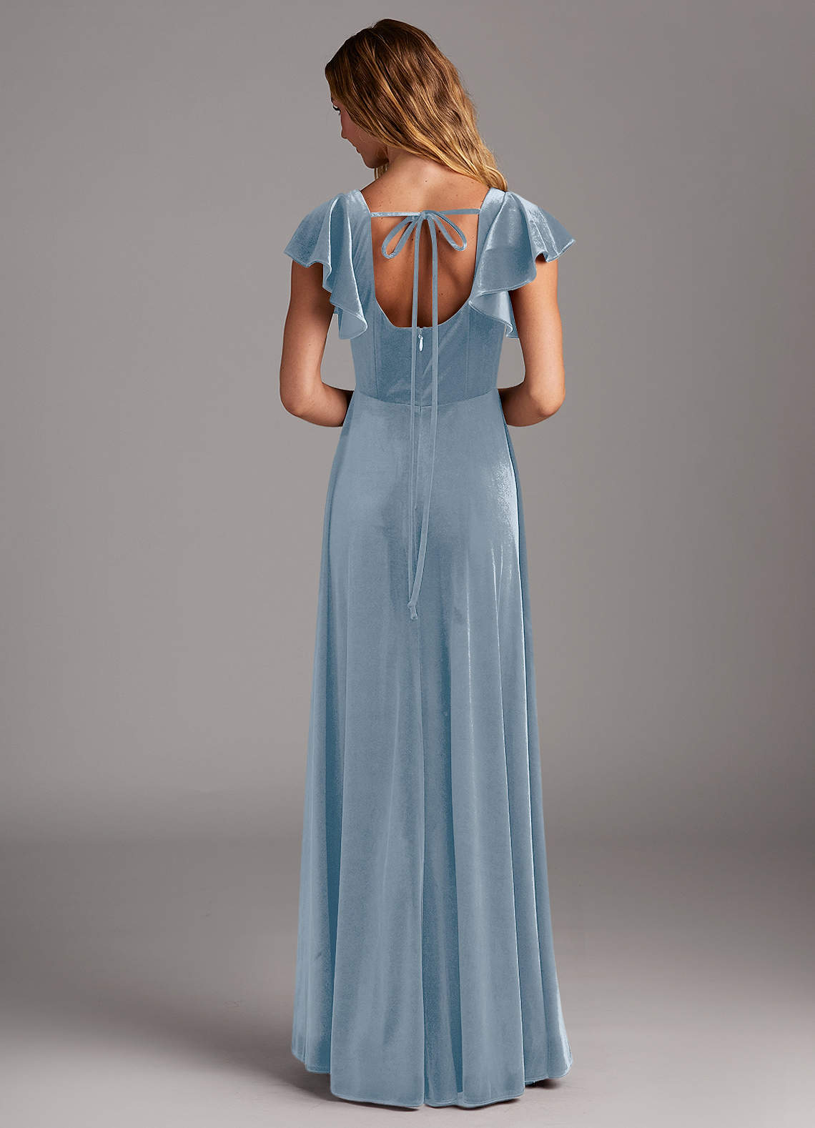 velvet dusty blue bridesmaid dress Azazie A-Line Square Neck Floor-Length Dresses Color:Crudo