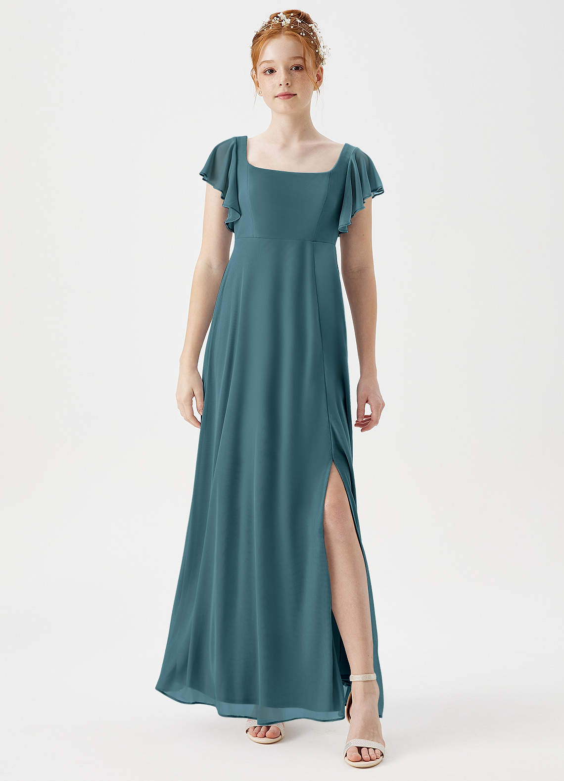 Azazie Bondi Junior Bermuda A-Line Side Slit Mesh Dress image1
