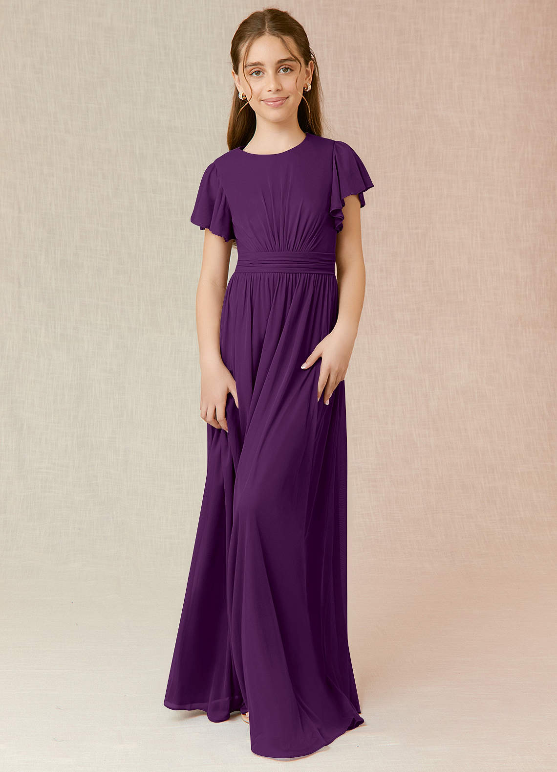 Azazie Mosley Junior Grape A-Line Ruched Mesh Dress image1