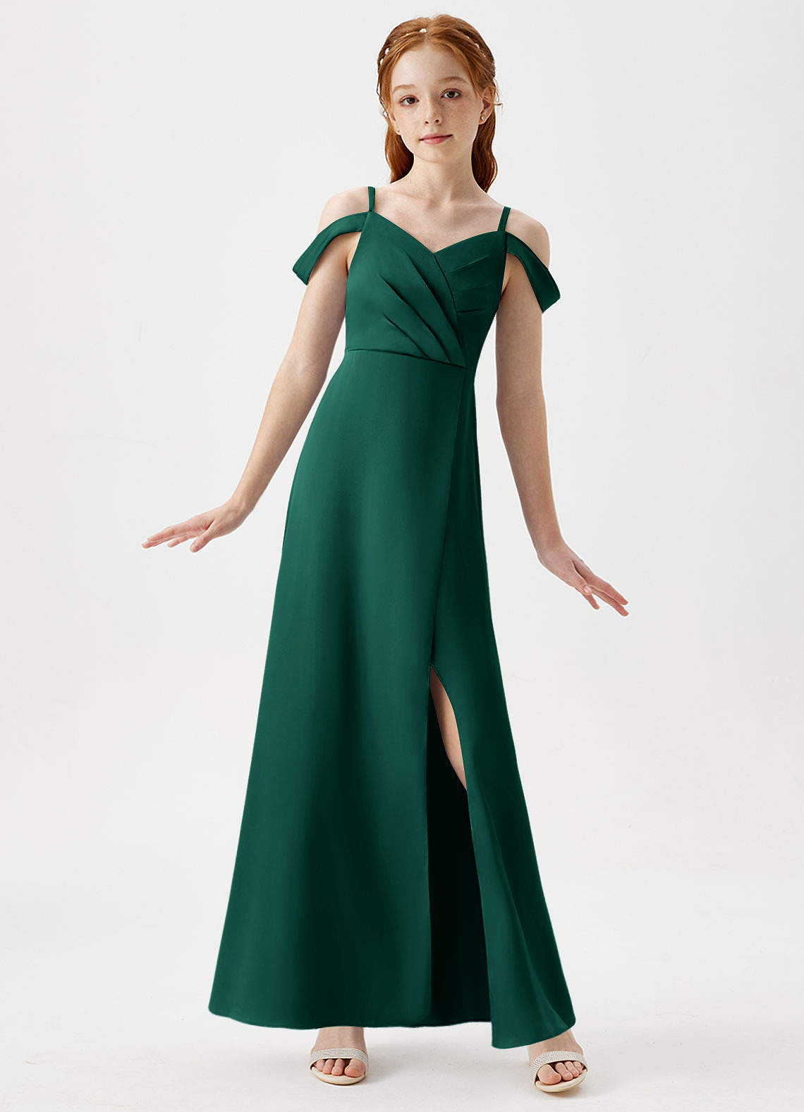 Azazie Ocean Junior Emerald A-Line Off the Shoulder Stretch Satin Dress image1