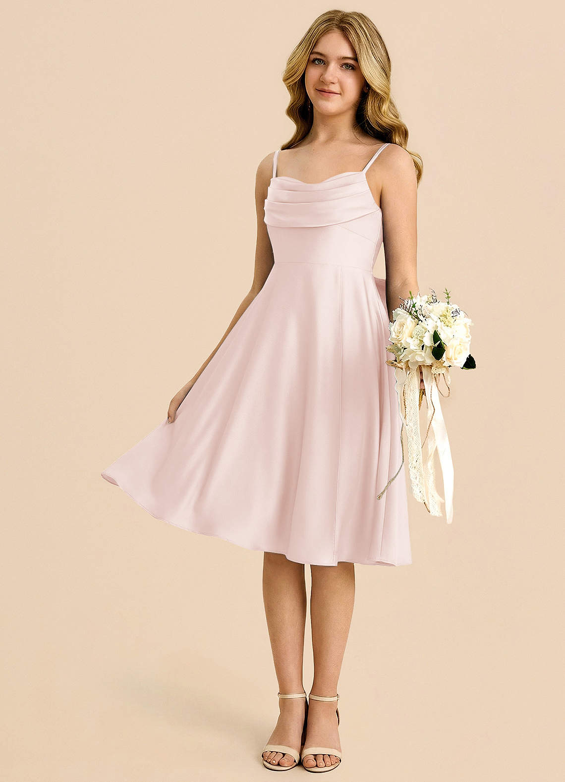 Azazie Bear Junior Blushing Pink A-Line Sweetheart Neckline Stretch Satin Dress image3
