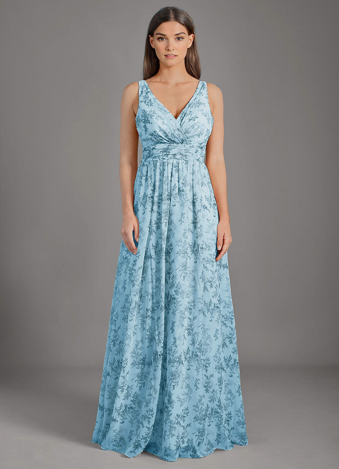Azazie Kora Vestidos de damas de honor Vestido de Floral Helecho Azul de Gasa de Corte en A con Plisado image1