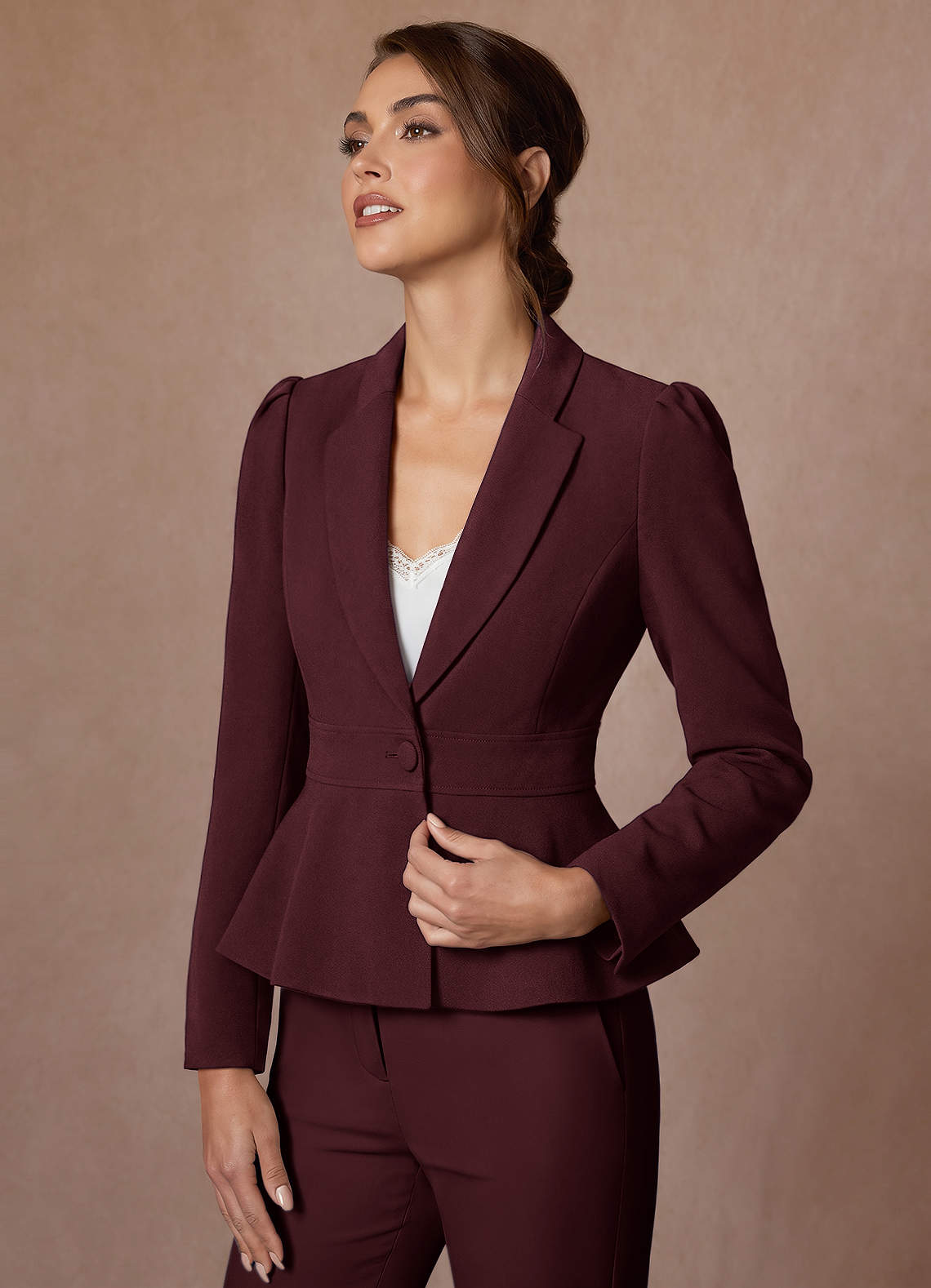 front Amara Cabernet Refined Weave Tailored Peplum Pantsuit