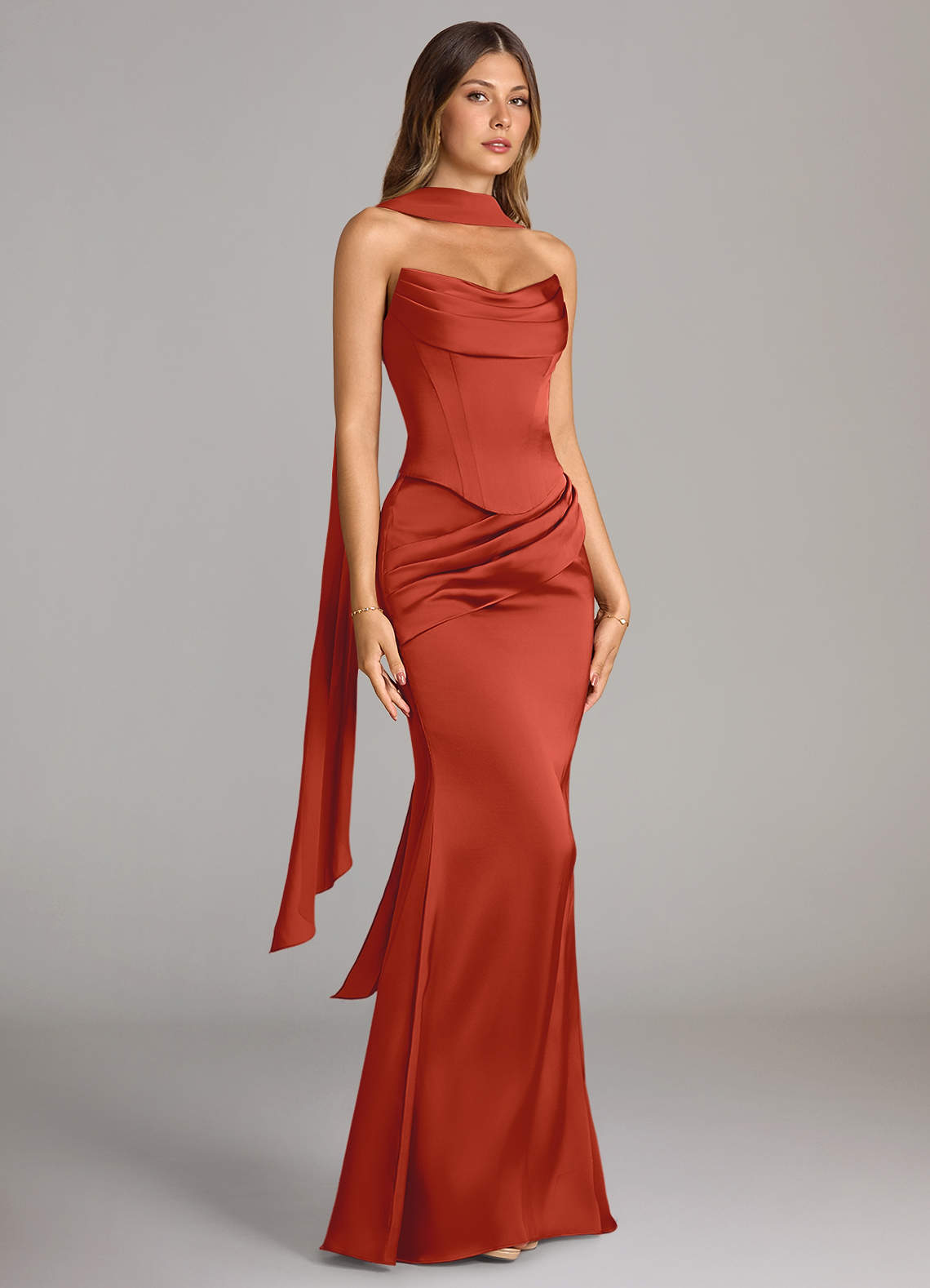 Azazie Sorrel Bridesmaid Dresses Rust Mermaid Strapless Stretch Satin Convertible Dress image2