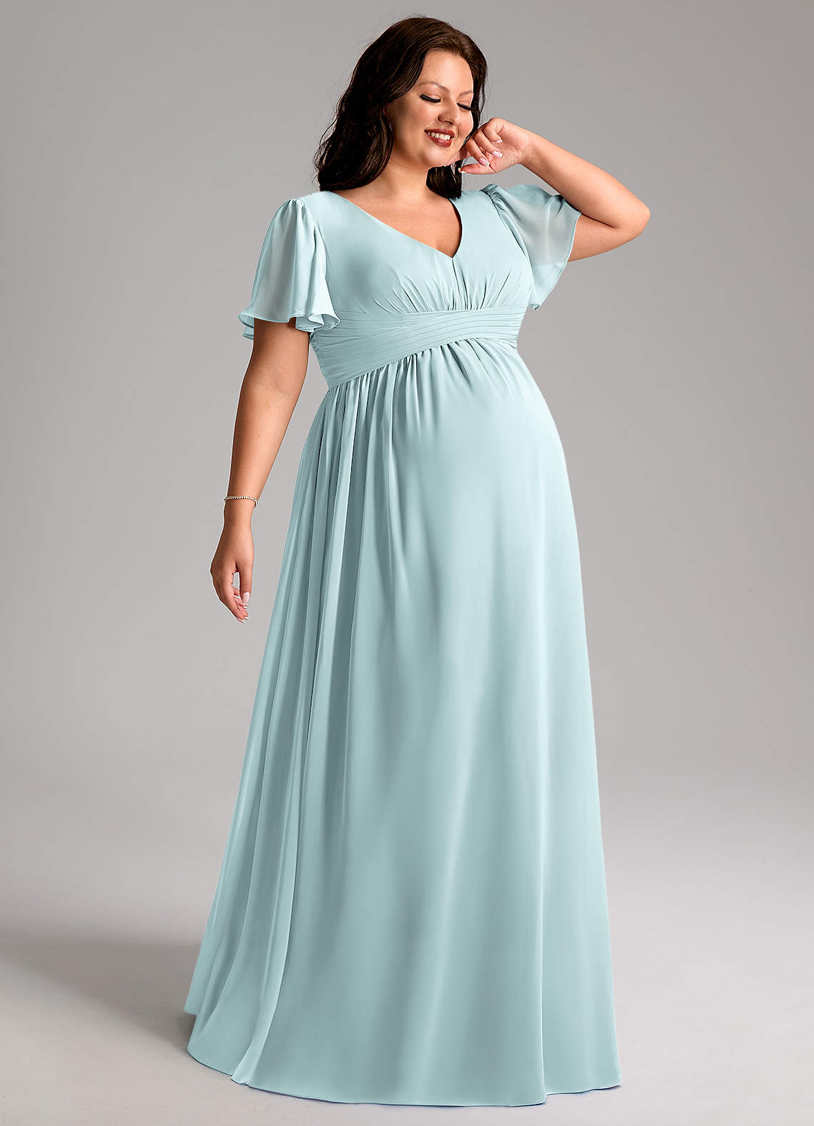 Azazie Verna Maternity Bridesmaid Dresses A-Line V-Neck Ruched Chiffon Floor-Length Dress image1
