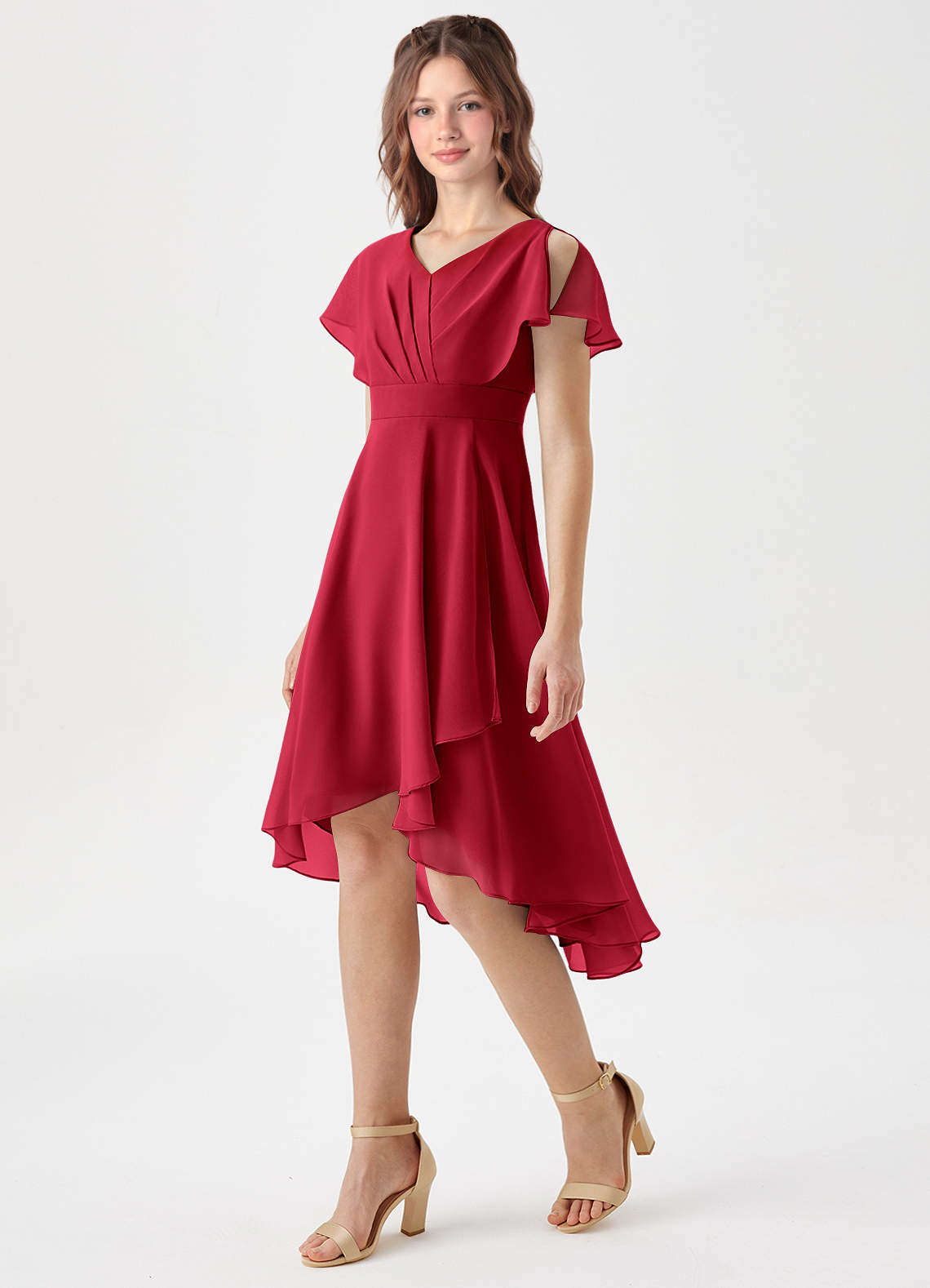 Azazie Graciela Junior Scarlet A-Line Pleated Chiffon Dress image1