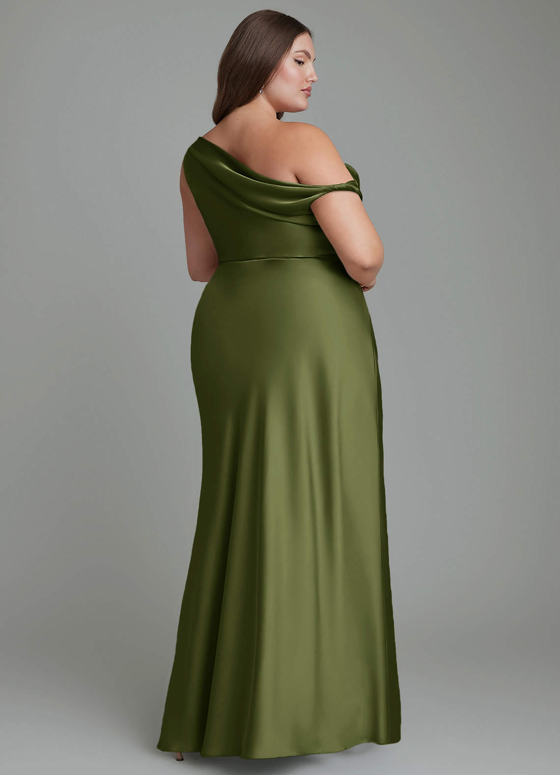 Azazie Emerson Bridesmaid Dresses Olive Mermaid Off the Shoulder Stretch Satin Dress image8