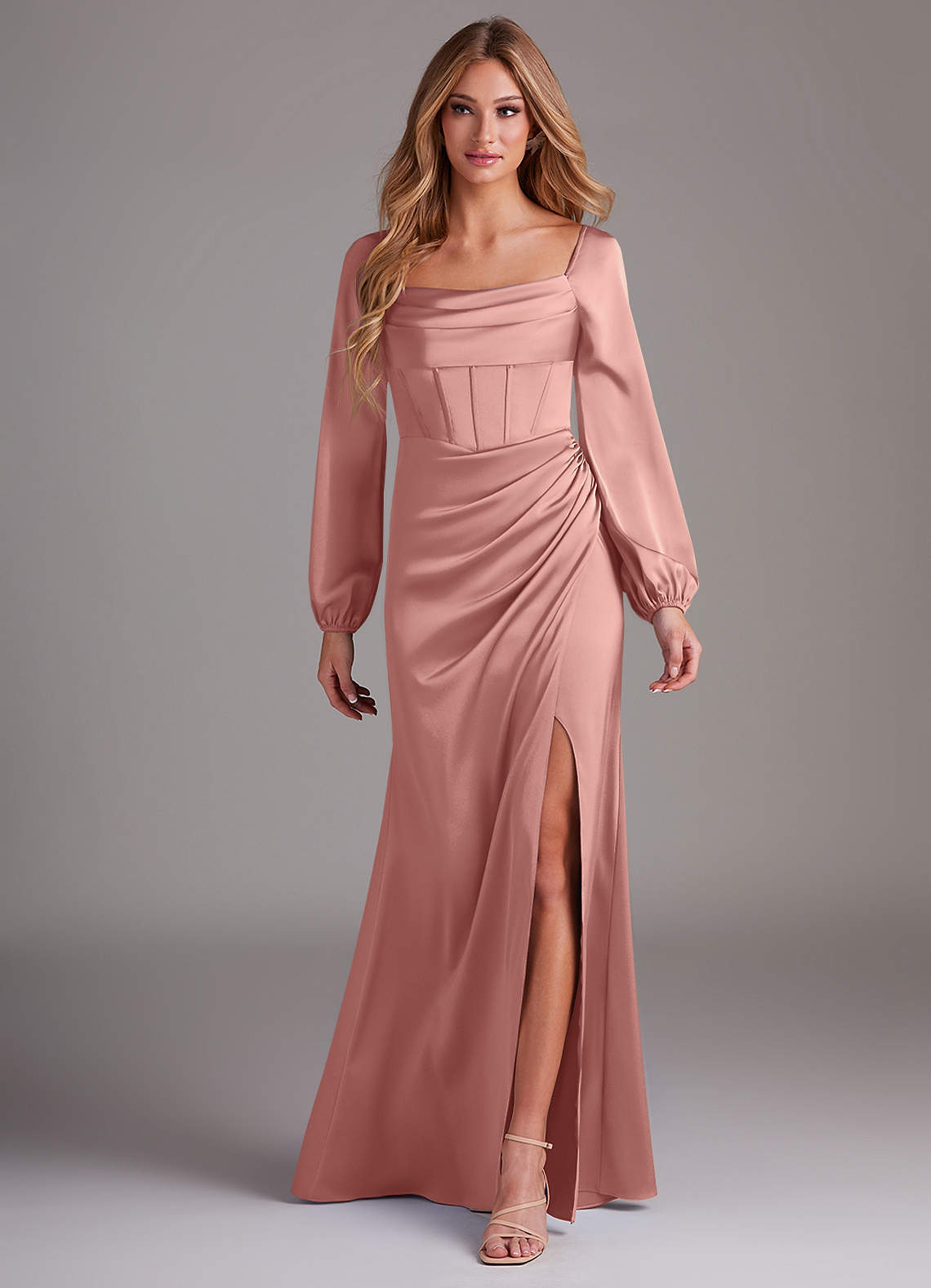 Azazie Charissa Brautjungfernkleider Etui Langarm Stretch-Satin Kleid Rosettenrosa image1