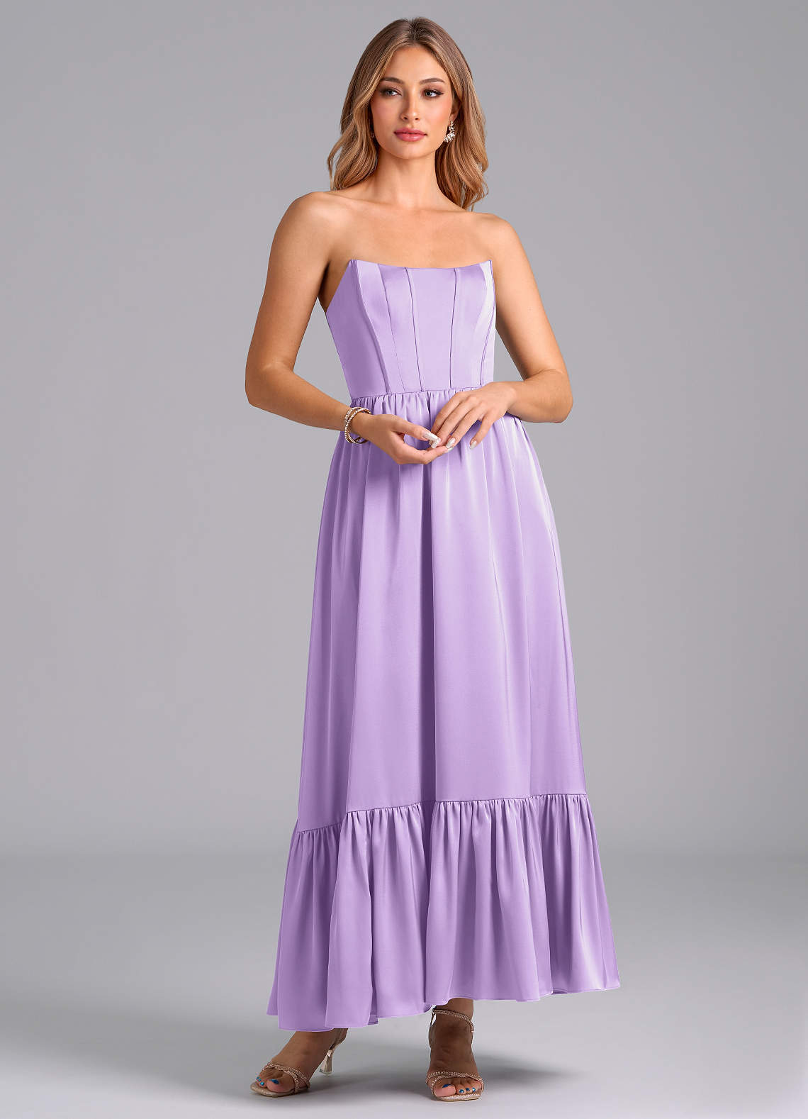 Azazie Leilana Bridesmaid Dresses Lilac A-Line Corset Stretch Satin Dress image1