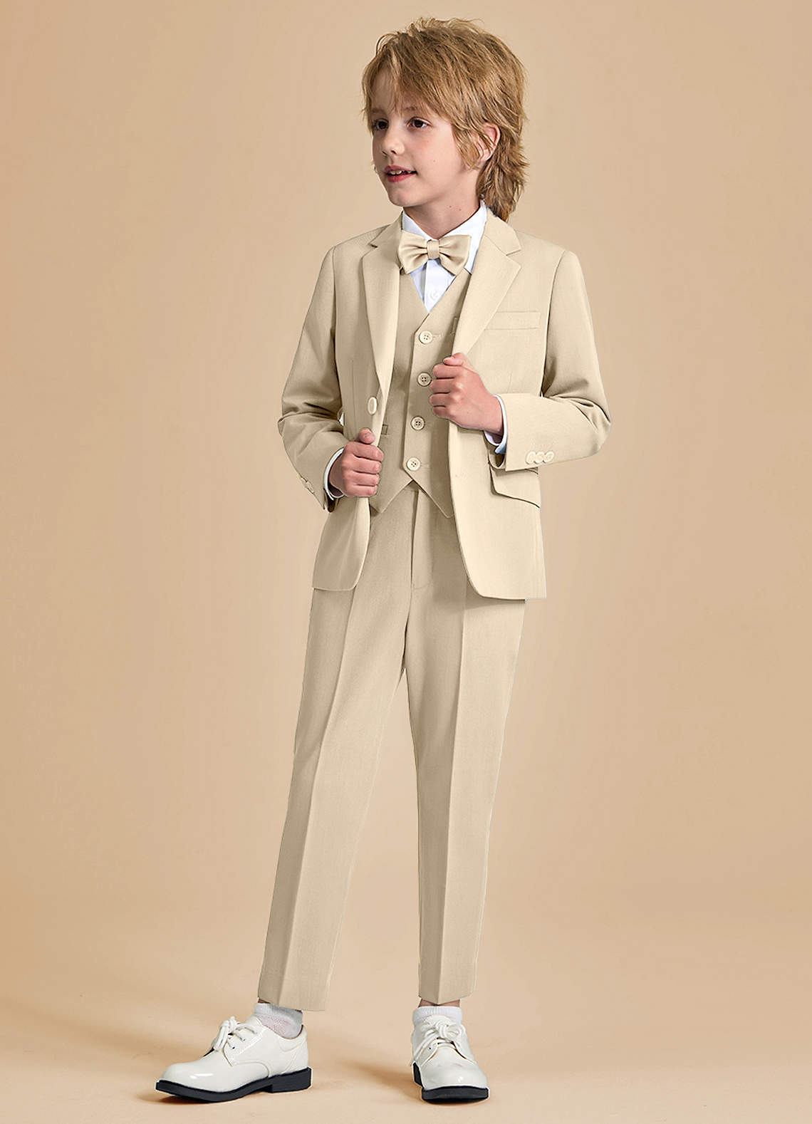 front Oliver Boys Tan 5-Piece Suit With Bow Tie