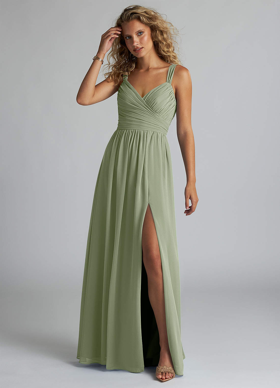 Azazie Aziza Abiti da Damigella Abito A-Line in Chiffon con Scollo a V a Pieghe Pistacchio image1