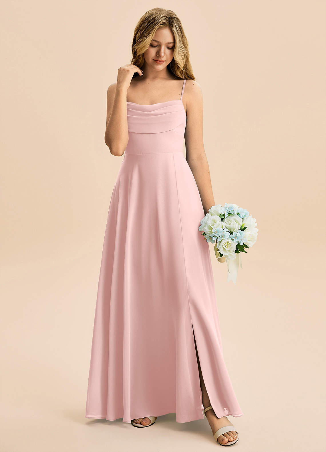 Azazie Bear Junior Jurk van Chiffon met A-Lijn Geplooid Poederroze image2